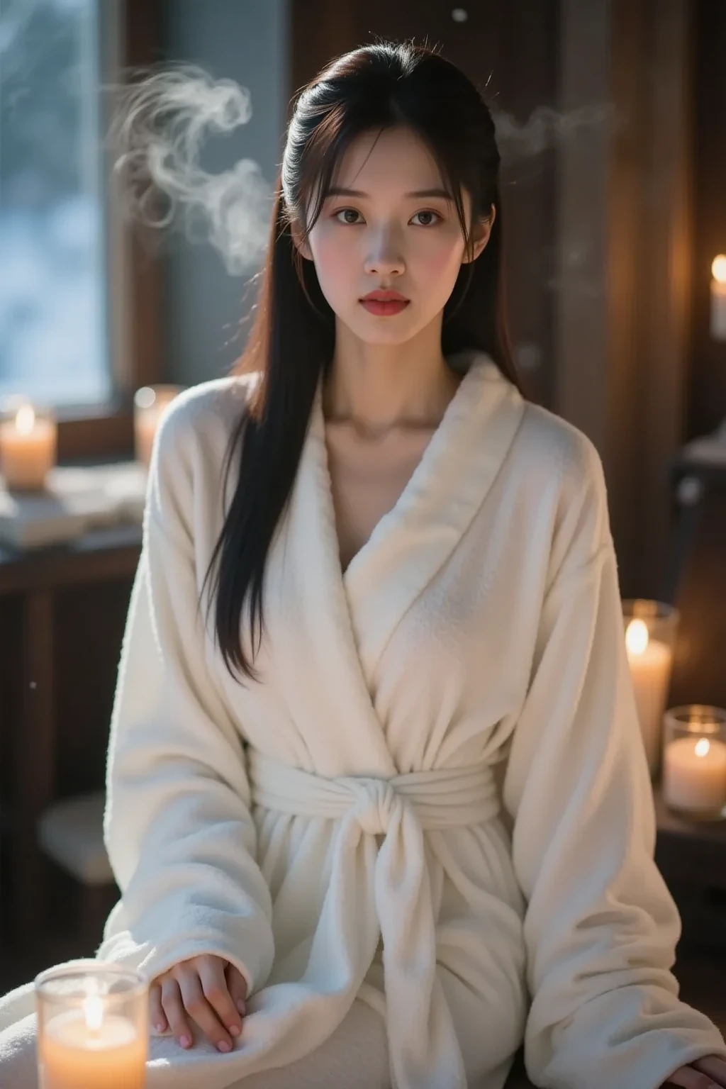 (((best quality))),(((ultra detailed))),(((masterpiece))),illustration,1girl, young, beautiful, sitting, room, dimly lit, fluffy bathrobe, damp hair, glowing skin, white tank top, loose-fitting pajama pants, candles, warm colors, essential oils, peaceful atmosphere, anticipatory gaze, tense muscles, soothing ambiance, soft bell, therapist, excitement, relief, pampering experience, stress relief