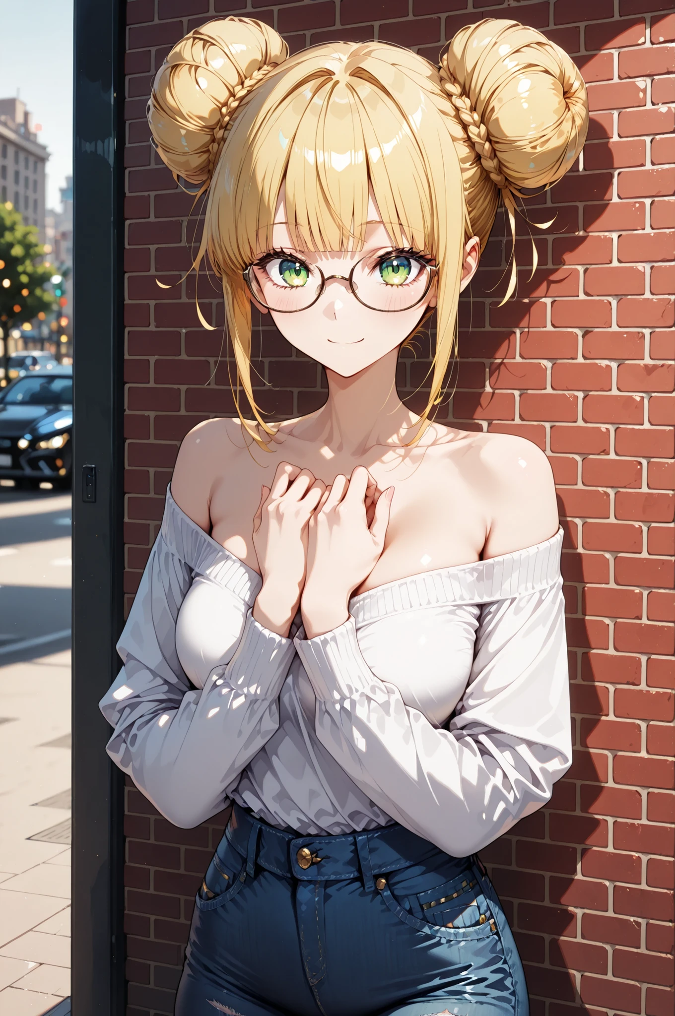 1 Girl, BRICK WALL FACE :1.2, solo, ((year zero)), 4 fingers:1.2, Glasses, bun head, hands in front of body, Off Shoulder, denim pants, Pay attention to light and shadow in every detail, blurred background, (Highest Quality:1.2, 4K, 8k, very detailed, attention to detail, masterpiece:1.2, Ultimate aesthetics),