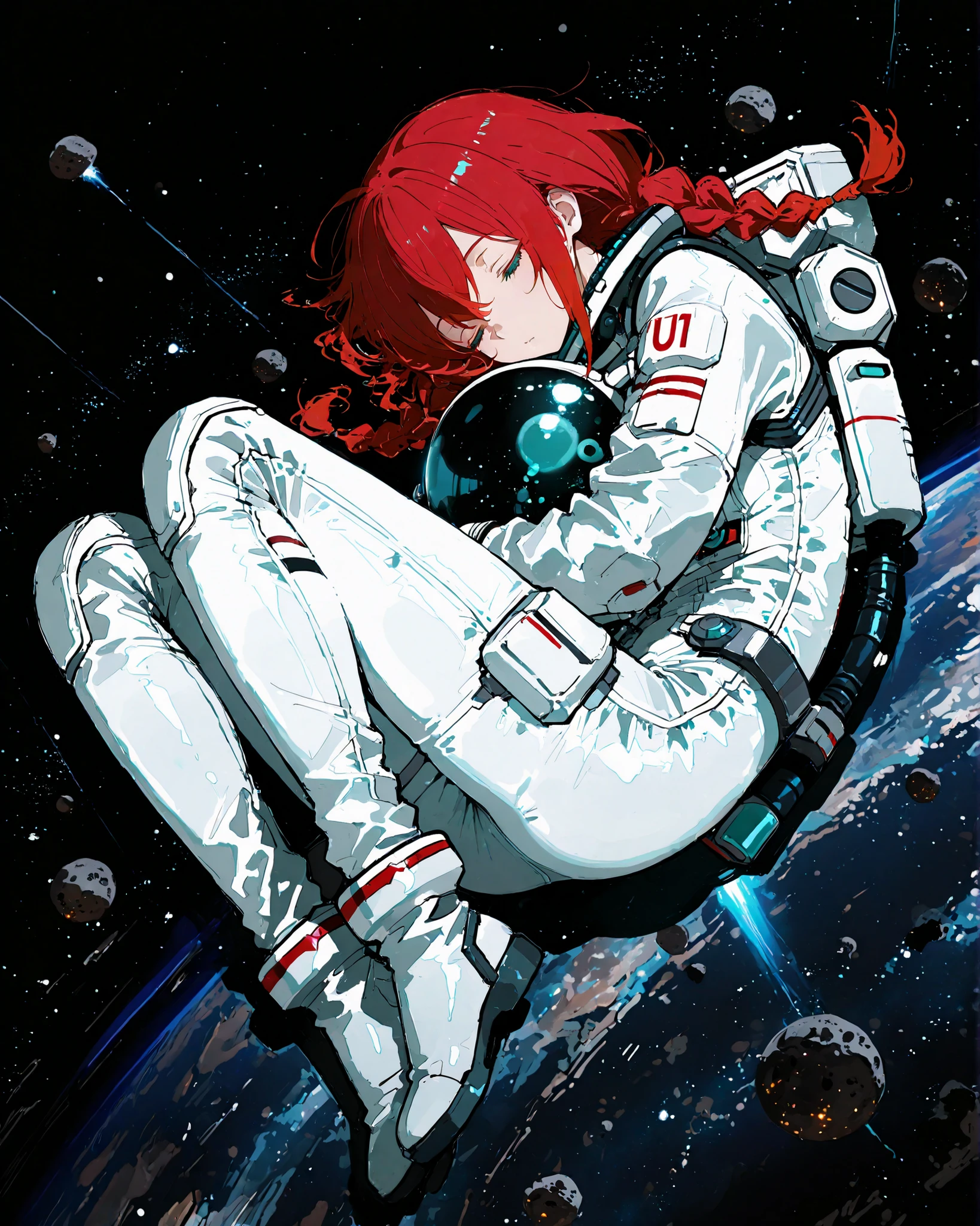 masterpiece, best quality, ultra-detailed, perfect anatomy,
748cmstyle,
1girl, low twin braids, messy red hair, aqua eyes, eyes closed, sleeping, floating in zero gravity, wearing spacesuit, no helmet, full body, solo, space, space debris, anime style, soft lighting, ethereal and peaceful atmosphere,