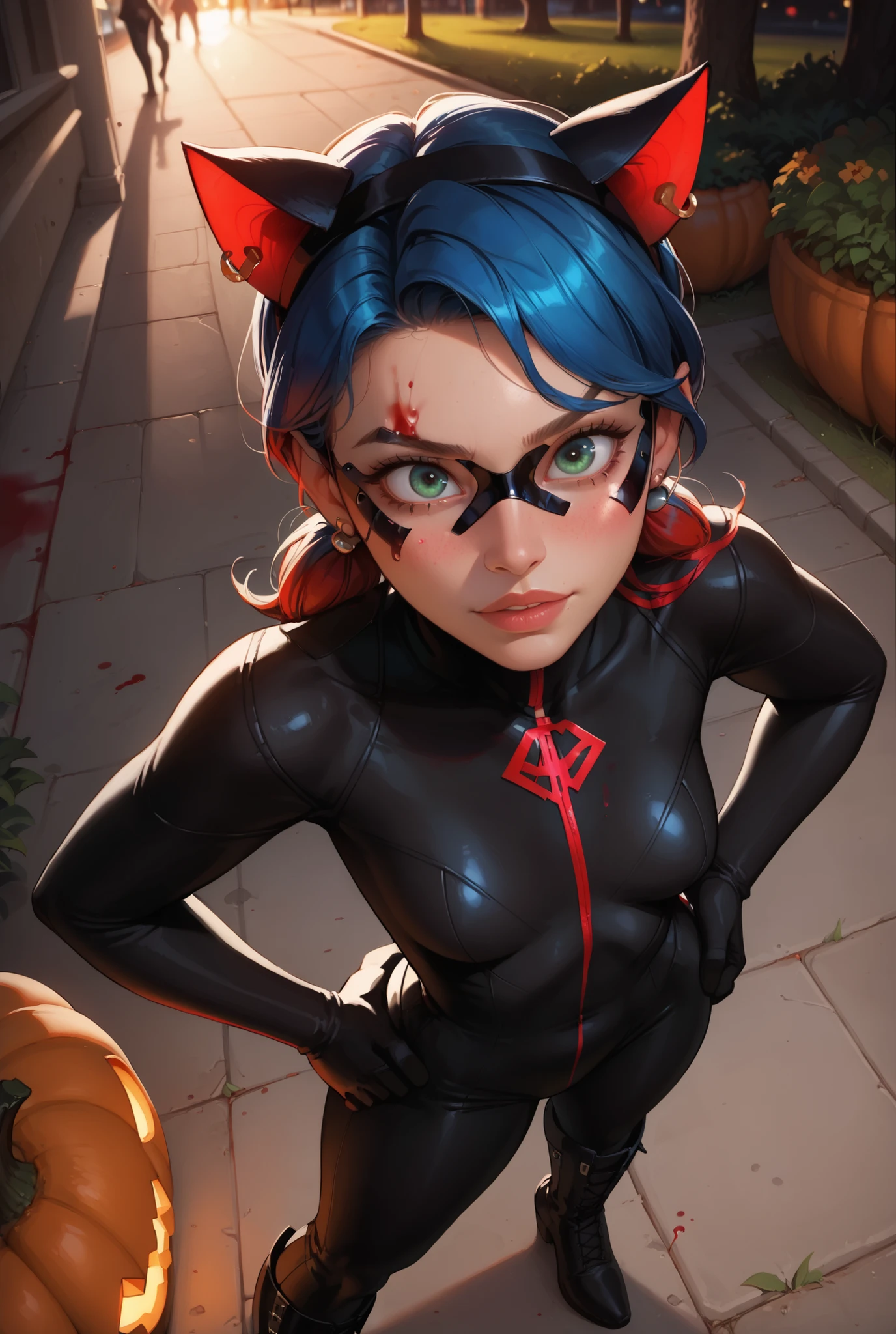 score_9, score_8_up, score_7_up, realistic lighting, silhouetted,
1girl, miraclady, 1girl, solo, blue hair, low twin tails, medium hair, blue eyes, hair ribbon, domino mask, earring, big ass, black mask, domino mask,small breasts, small pupils, naive look, black bodysuit, black suit, tight bodysuit, in the park, night, standing, blood on face, blood on lips, red highlights, ripped bodysuit, ruined makeup, headband with cat ears, hallooween, halloween city, park alley, leather suit, green eyes, standing, hands on hips, trees, pumpkins, from above, black boots, arched back