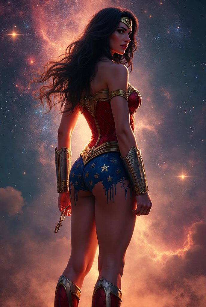 Woman, white skin, black hair, wavy hair, long hair, athletic body,  large triple D ??????? , reflective blue ?????, blue eyes, wonder woman style star ????? panties,, metallic red top, low cut, Wonder Woman bib, silver bracelets , golden tiara with red star, serious look, look at the camera, red lips, red boots, heroic pose, ???????????, athletic ????????, wonder woman style golden bow, shot ???????????.