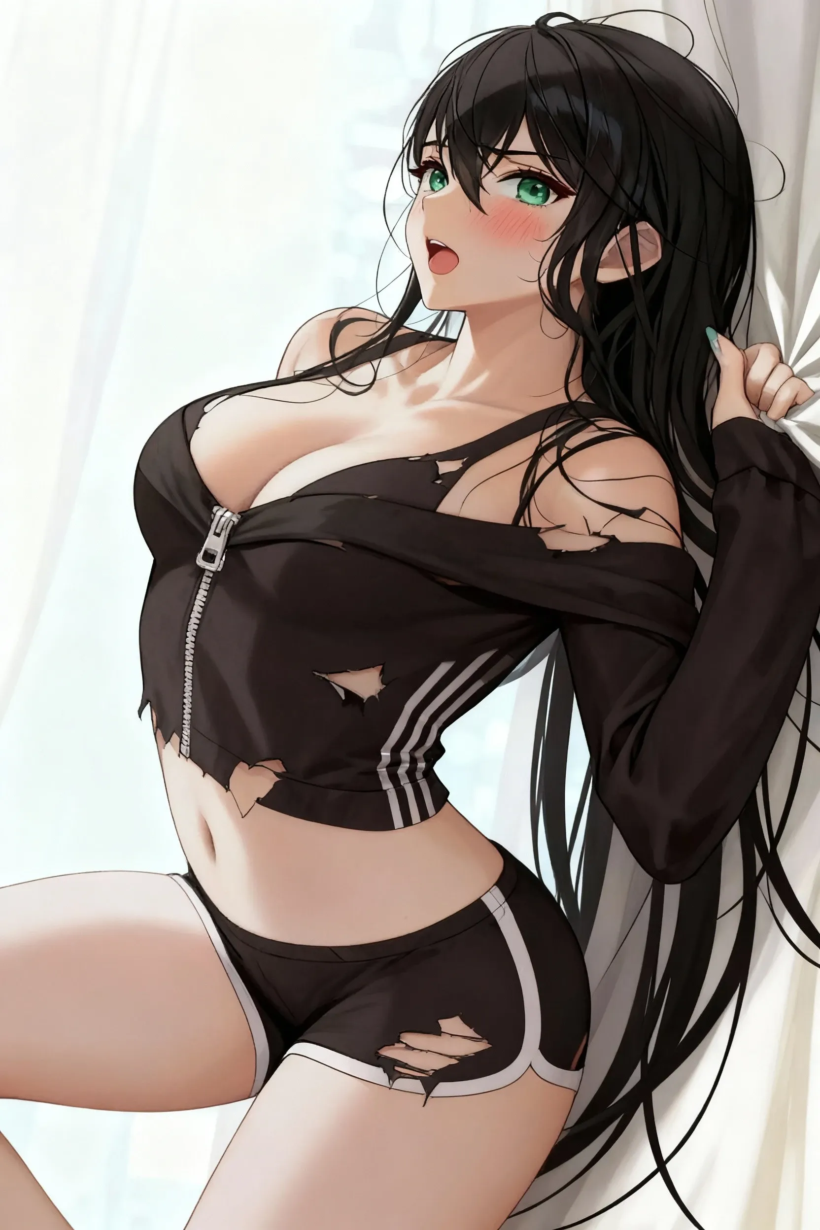 （（Best quality，8K，tmasterpiece：1.4））， Black color hair，A small braid，Bright eyes，One shoulder long shirt，Lie down in bed，spread their legs，spread their legs，M leg type，Pubic hair is exposed，（ Lower part of ???? ?????，Plain white off-the-shoulder extra-short top），huge ???， shiny skins， is shy，Hole black stockings，Sleepy eyes, Hazy appearance，The insertion，spread their legs，Golden pupils，