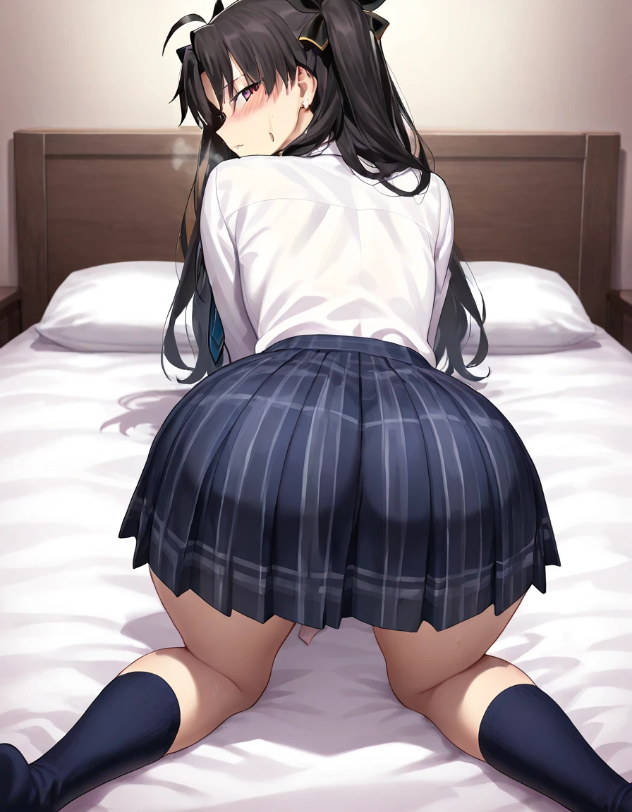 tennis girl's massive rear  cheeks out of  slutty mini skirt out , showing her , lying down, on bed, wearing oven mittens under big pillow, blindfold
