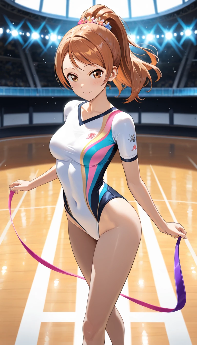 highquality illustration, masterpiece, very delicate and beautiful, attractive girl,(colorful leotard, heattech leotard,tight leotard,long_sleeve leotard,ribbed leotard,high_leg leotard,turtleneck leotard), thin,slender body,slim,gymnastics club,gymnastics athlete,bare legs,gymnasium background,beautiful eyes, light smile,(masterpiece, best quality:1.2), highres, extremely detailed CG unity 8k wallpaper, perfect lighting, Colourful, ultra-high res,4K,ultra-detailed, photography, 8K, HDR,  17 ages,cowboy shot,
