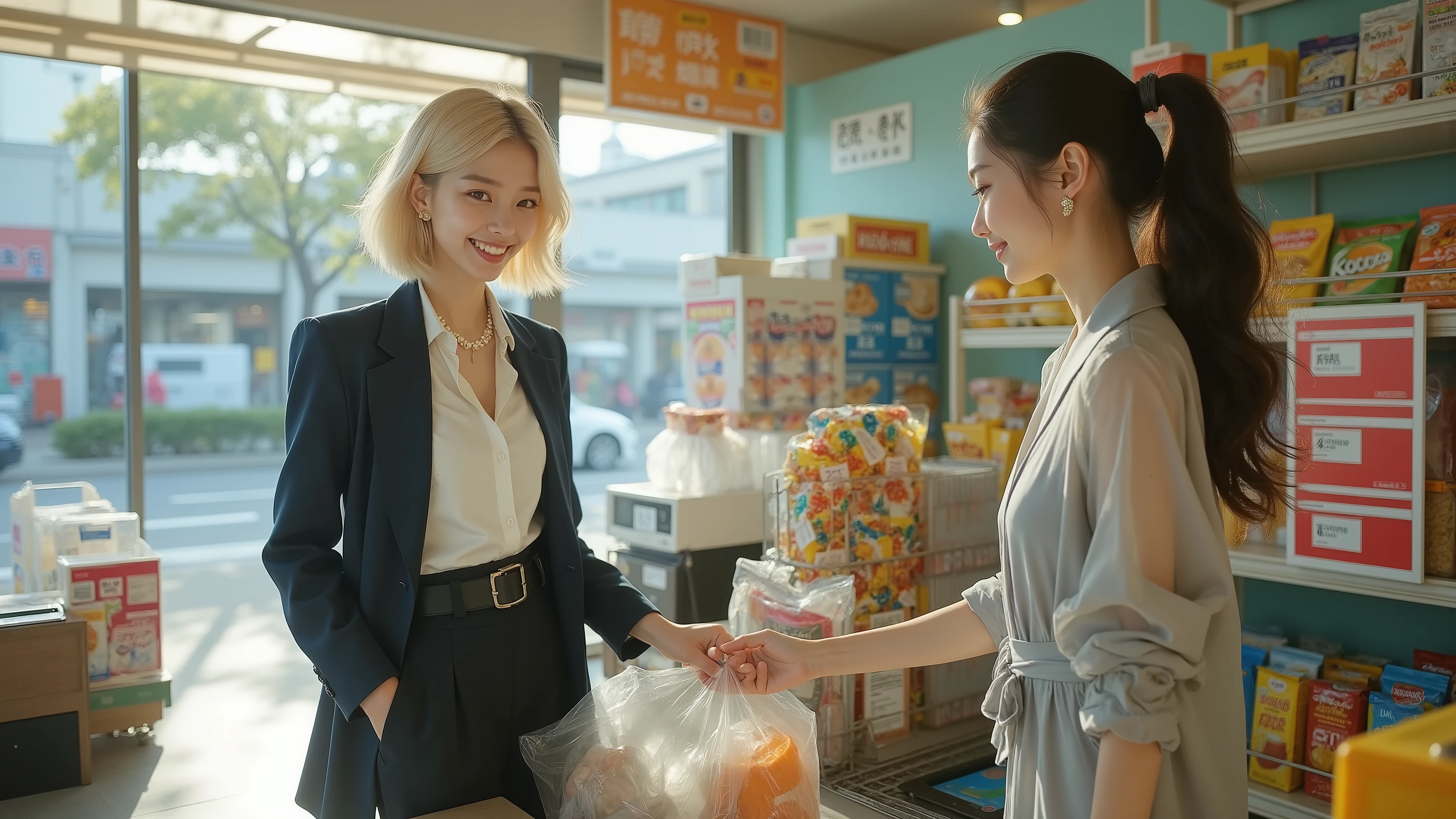 8k hyper-photorealistic cinematic wide shot of a stunning 16-17-year-old Japanese main girl standing confidently behind her friend at a brightly lit convenience store checkout counter during a sunny afternoon, exuding subtle boss-like oversight as she watches the transaction with a knowing smile, shelves stocked with colorful snacks and beverages, fluorescent lights casting a warm glow, large glass windows showing bustling street outside with pedestrians and parked cars, soft volumetric god rays from overhead lamps, subtle bokeh from product displays and lens flares from barcode scanner. Main girl: flawless porcelain skin glowing radiantly, silky blonde bob with soft waves, sharp brown almond eyes sparkling with amused poise, playful smile with pearl teeth, plump lips, subtle dimples on flushed cheeks, long lashes, natural makeup, wears sophisticated business casual: fitted white blouse tucked into high-waisted black trousers, open navy blazer slung over shoulders, slim gold necklace, loafers. Friend at the counter, handing cash to the cashier while scanning items on the conveyor belt: long flowing dark wavy hair tied in a loose ponytail, warm hazel eyes focused with efficient professionalism, matching playful grin with flawless teeth and dimples, wears elegant business casual: light gray sheath dress with subtle belt, sheer cardigan, pearl earrings, low block heels. Hyper-realistic skin textures with subtle freckles and glossy lips, intricate fabric folds on clothing and plastic bags, soft depth of field blurring the background to emphasize their poised interaction, natural cinematic lighting with bright store fluorescents and warm sunlight filtering in.