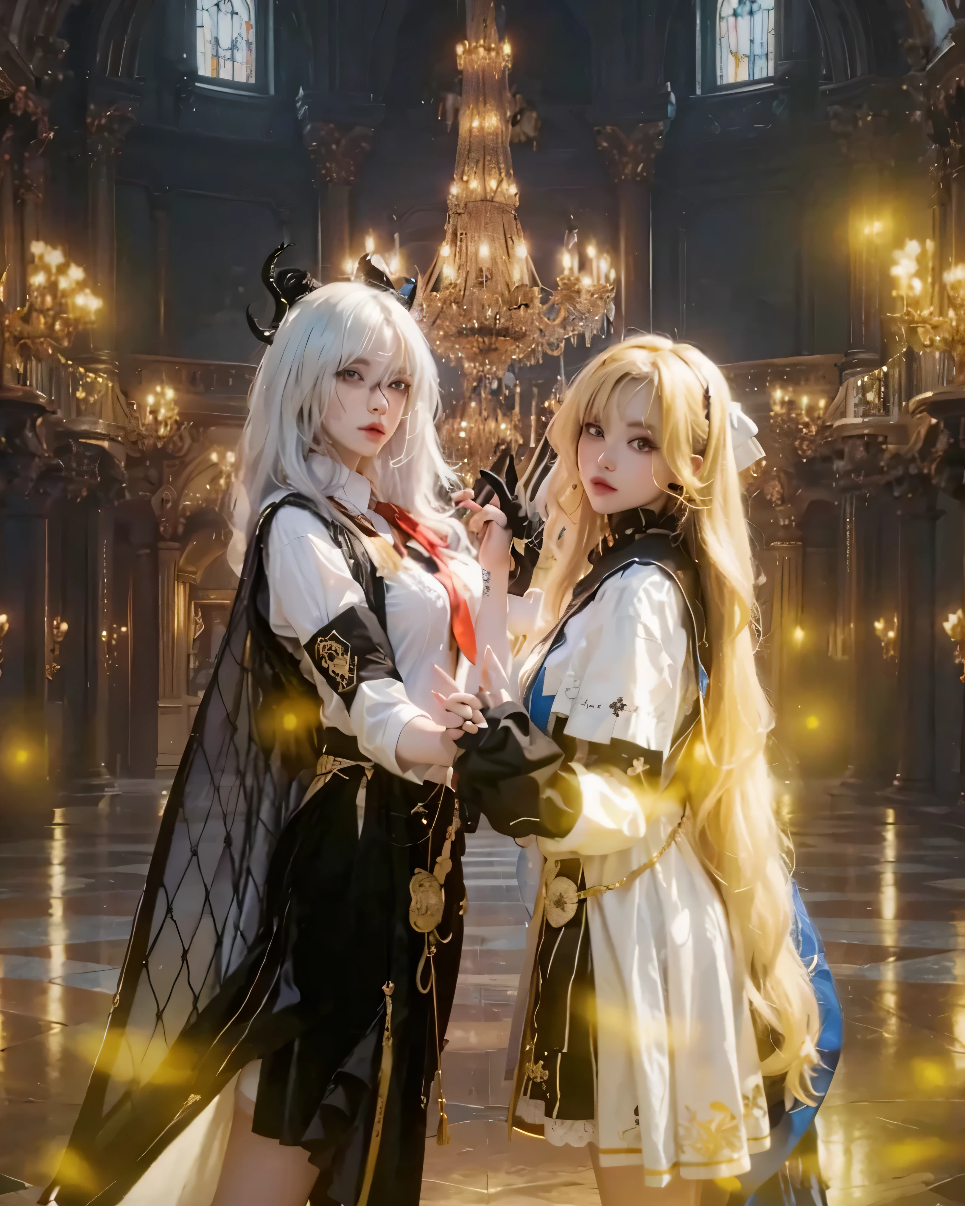 ((PHOEBE & ZANI_WUTHERING WAVE)) ((photorealistic)),(highlight hair)), Light reflection, (( HD )),((upper body)), (((best quality, masterpiece))), (masterpiece) (best quality) (detail) (8k) (HDR) (wallpaper) (cinematic lighting) (sharp focuasterpiece, best quality: 1.1), Real life adaption of this character, realistic outfit, realistic shadow, realistic light, realism, hyper realistic, realistic background,realistic hair,(photorealistic:1.2), (masterpiece: 1.2), (best quality: 1.3), (clear details: 1.3), ((((ultra-detailed)))), ((detailed eyes)), (extremely detailed face:1.4), (highly detailed eyelash:1.6), (Masterpiece, Best quality, best shadow), (detailed background),(masterpiece, best quality:1.2)(detailed face:1.3),Two young women are depicted in a grand, ornate ballroom setting. Both are dressed in elaborate cosplays, with a fantasy or anime aesthetic. One woman has silver-white hair styled with black horns, a white shirt with a red tie and black vest, a black cape and pants. The other has long blonde hair adorned with a blue bow, a white dress with black accents, and is holding the other woman's hand. They are facing towards the viewer and holding hands. The ballroom features a large chandelier, and golden lights, reflecting in the polished floor. The atmosphere is elegant and slightly surreal, with a dreamlike quality. The composition is a medium shot, focusing on the women, with the background elements slightly out of focus. The overall palette is a mix of whites, blacks, golds, and light colors. The style is detailed and vibrant, suggesting a digital painting or heavily stylized photograph.fantasy ballroom background,