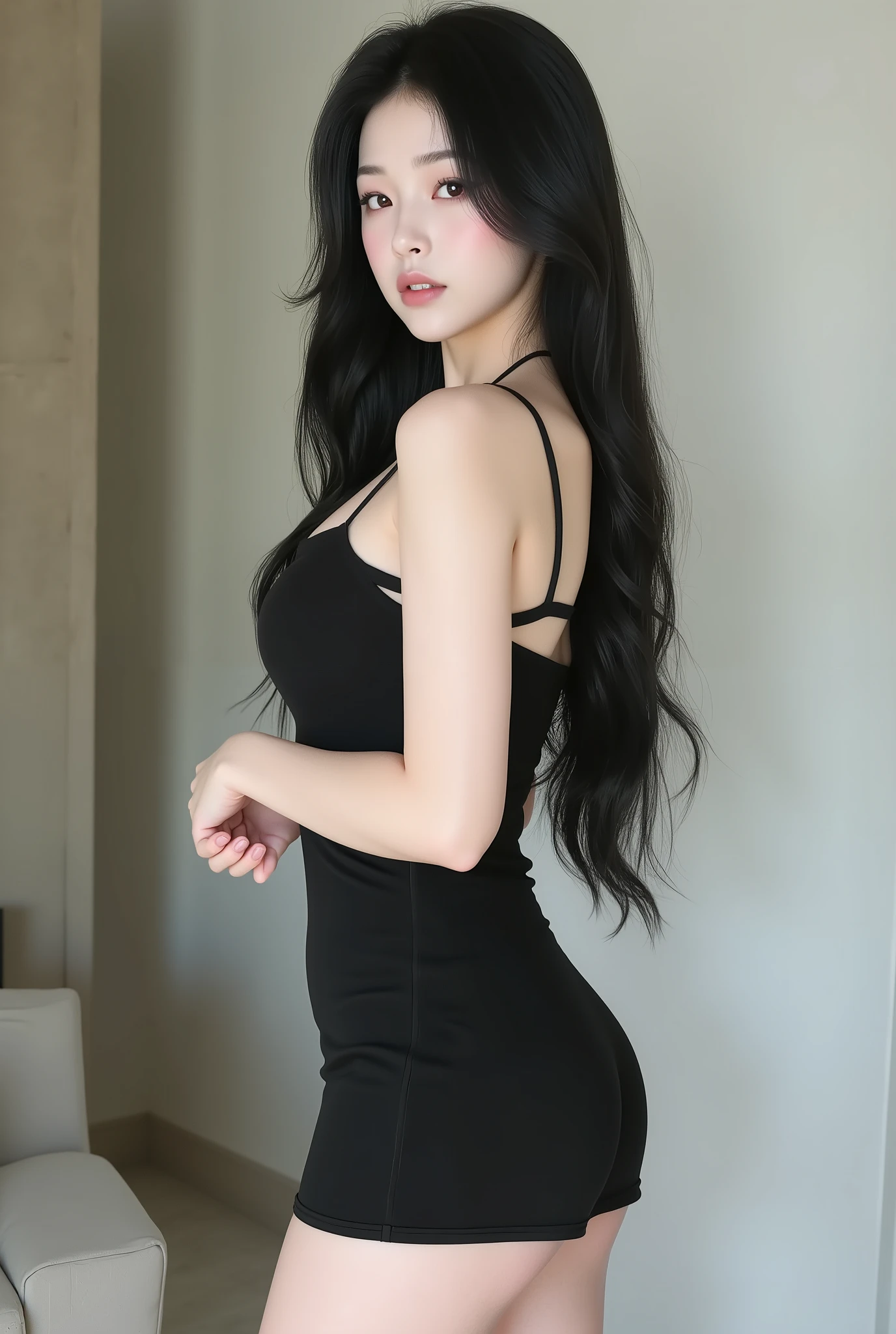 Pale white skinned woman wearing a black miniskirt, 1.50 tall, big thick legs, long straight black hair
