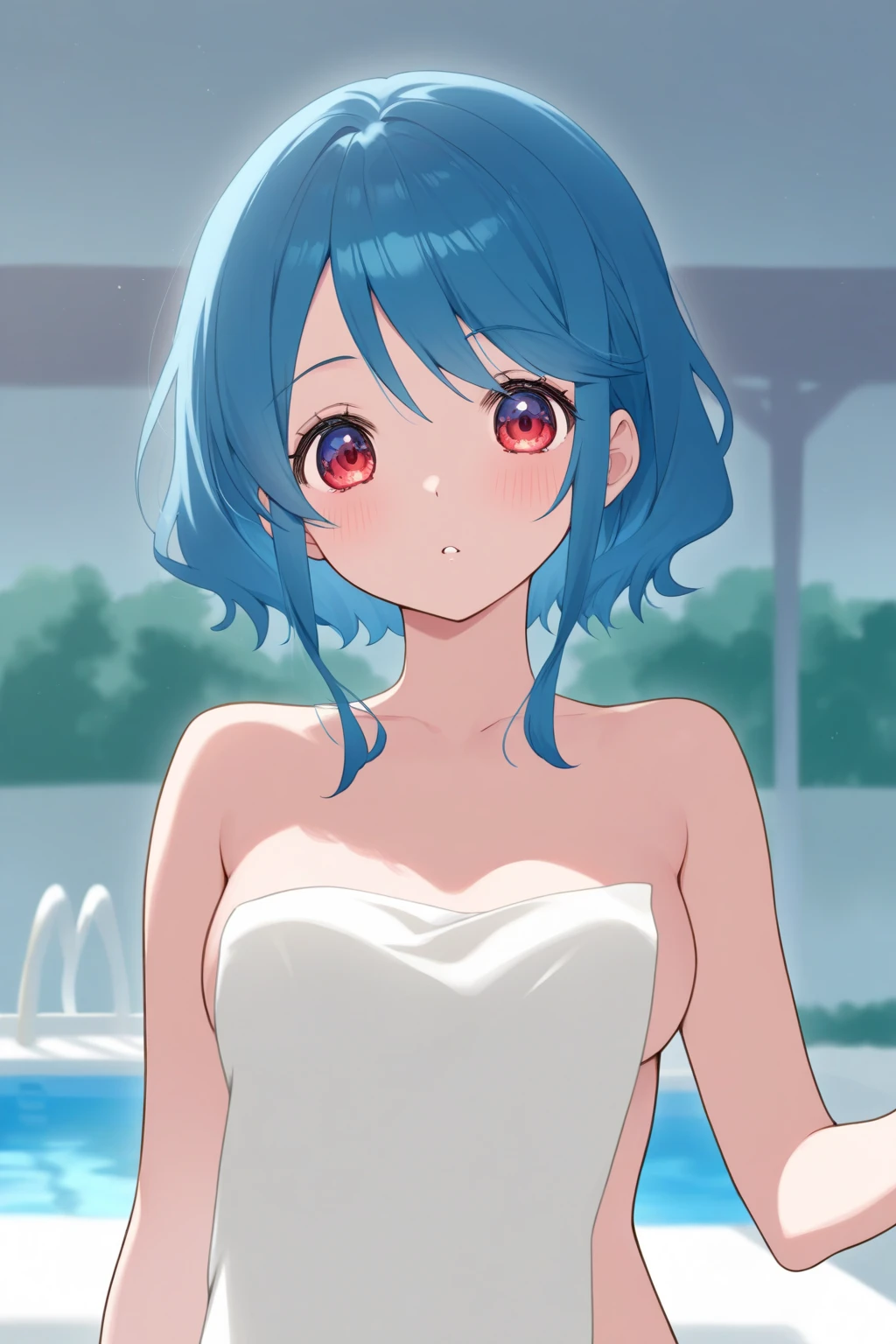 (Highest quality:1.4、8K:1.4、detailed)、F cup bust、Big Breasts、Slim body、Very white beautiful skin、((((1 person、Surprised expression、sit、Chair、In the background are the urban buildings of Tokyo、looking at the camera、Outdoor café terrace、coastal、Navy hair color、juice、Shooting up close、table、Very cute face))))、(((( in white bikini))))、(Pose of putting hair behind ears with hands:1.4)、Very blue sky、A completely cloudless sky