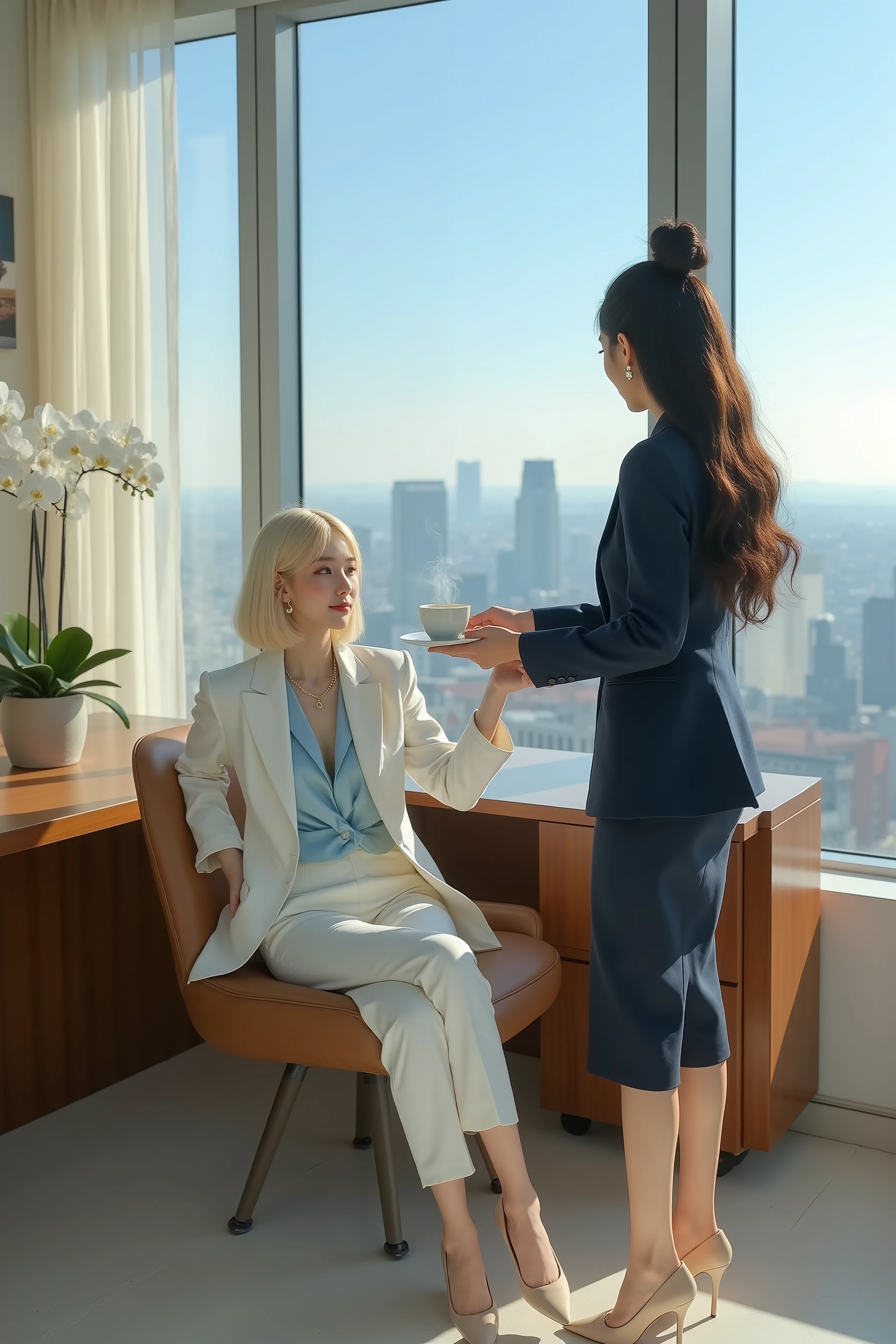 8k hyper-photorealistic cinematic wide shot of a stunning 16-17-year-old Japanese main girl seated confidently in a luxurious executive leather chair behind a sleek mahogany desk in a high-rise corner office bathed in bright natural daylight streaming through large floor-to-ceiling windows revealing a sprawling city skyline under clear blue skies, modern minimalist decor with abstract art and potted orchids, soft volumetric god rays filtering through sheer curtains, subtle bokeh from distant urban haze and lens flares from sunlit glass surfaces. Main girl: flawless porcelain skin glowing radiantly in the sunlight, silky blonde bob with soft waves, sharp brown almond eyes sparkling with commanding poise, playful smile with pearl teeth, plump lips, subtle dimples on flushed cheeks, long lashes, natural makeup, wears sophisticated tailored white pantsuit with crisp light blue silk blouse unbuttoned at the collar for subtle allure, slim gold necklace, pointed white stilettos peeking from under the desk, extending her hand to receive the coffee. Friend standing attentively behind her, offering a steaming porcelain cup of coffee on a saucer with poised elegance: long flowing dark wavy hair in a neat low bun, warm hazel eyes focused with professional eagerness, matching playful grin with flawless teeth and dimples, wears elegant navy pencil skirt suit with fitted jacket and sheer blouse underneath, subtle pearl earrings, nude high heels, holding the coffee gracefully. Hyper-realistic skin textures with subtle freckles and glossy lips, intricate fabric textures on suits and leather chair, soft depth of field blurring the skyline to emphasize their dynamic interaction, natural cinematic lighting with bright warm daylight tones and soft window shadows.