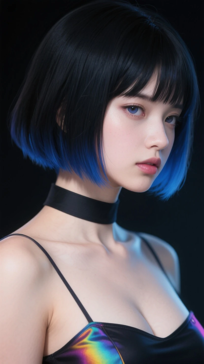 masterpiece, best quality, amazing quality, very aesthetic, high resolution, ultra-detailed, absurdres, newest. BREAK. 1girl, solo, , short hair, black hair, dress, closed mouth, blue hair, collarbone, upper body, multicolored hair, small , blunt bangs, from side, profile, glowing, bob cut, hair over eyes, dark