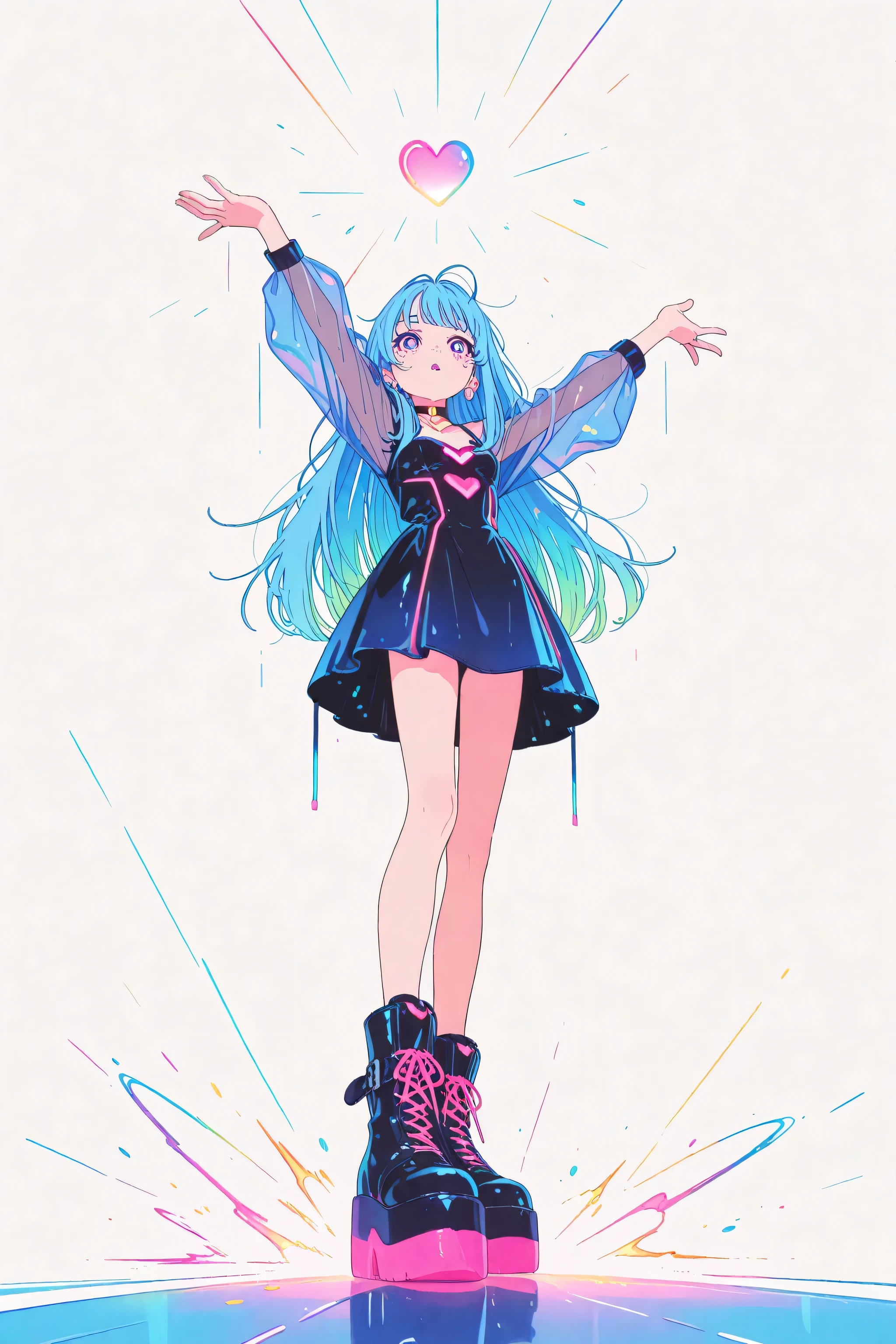 masterpiece, Highest Quality, anime style, Brilliant Colors, clean line art, ultra sharp, full body, central frame, dynamic configuration, dramatic angle, white background, Rimlight, motion blur, shockwave effect,  Color Flare , Teenage Girls, Bubble Gum Blue Hair, Zero Gravity Long Hair,  navy eyes , smooth skin on r roads, petite body, Glowing Heart Choker, Latex Dress with Neon Trim, Transparent sleeves, Light-Reactive Fabric, Platform Boots, hand extended in front, Other Arm Stretched Back, tears in my eyes, Calling Open Lips, My Hair Dances, Shining fingertips, Shines close to the face, Rainbow Trails from Behind, Confetti Explosion in the Distance, Emotional Charge Effect
