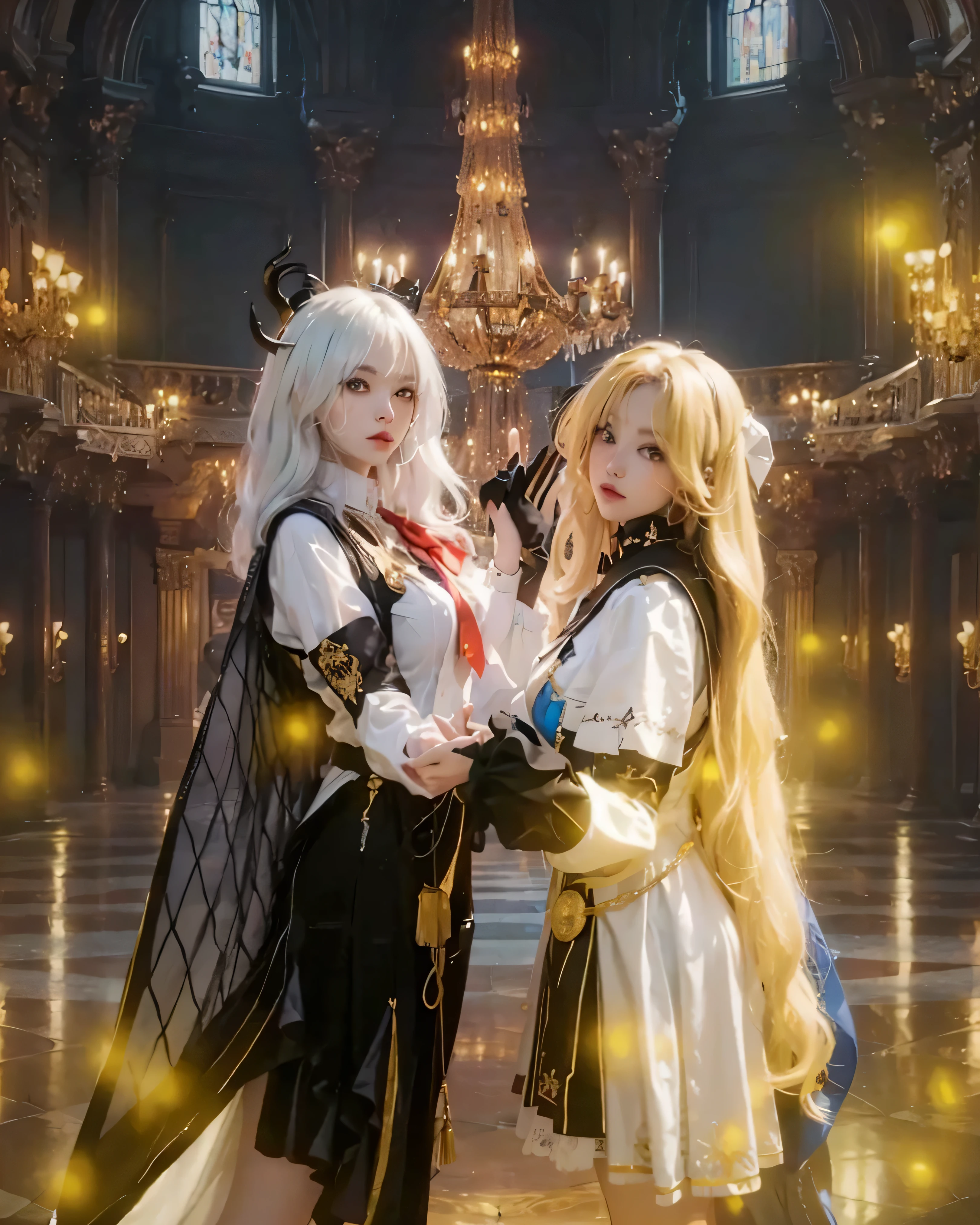 ((PHOEBE & ZANI_WUTHERING WAVE)) ((photorealistic)),(highlight hair)), Light reflection, (( HD )),((upper body)), (((best quality, masterpiece))), (masterpiece) (best quality) (detail) (8k) (HDR) (wallpaper) (cinematic lighting) (sharp focuasterpiece, best quality: 1.1), Real life adaption of this character, realistic outfit, realistic shadow, realistic light, realism, hyper realistic, realistic background,realistic hair,(photorealistic:1.2), (masterpiece: 1.2), (best quality: 1.3), (clear details: 1.3), ((((ultra-detailed)))), ((detailed eyes)), (extremely detailed face:1.4), (highly detailed eyelash:1.6), (Masterpiece, Best quality, best shadow), (detailed background),(masterpiece, best quality:1.2)(detailed face:1.3),Two young women are depicted in a grand, ornate ballroom setting. Both are dressed in elaborate cosplays, with a fantasy or anime aesthetic. One woman has silver-white hair styled with black horns, a white shirt with a red tie and black vest, a black cape and pants. The other has long blonde hair adorned with a blue bow, a white dress with black accents, and is holding the other woman's hand. They are facing towards the viewer and holding hands. The ballroom features a large chandelier, and golden lights, reflecting in the polished floor. The atmosphere is elegant and slightly surreal, with a dreamlike quality. The composition is a medium shot, focusing on the women, with the background elements slightly out of focus. The overall palette is a mix of whites, blacks, golds, and light colors. The style is detailed and vibrant, suggesting a digital painting or heavily stylized photograph.fantasy ballroom background,