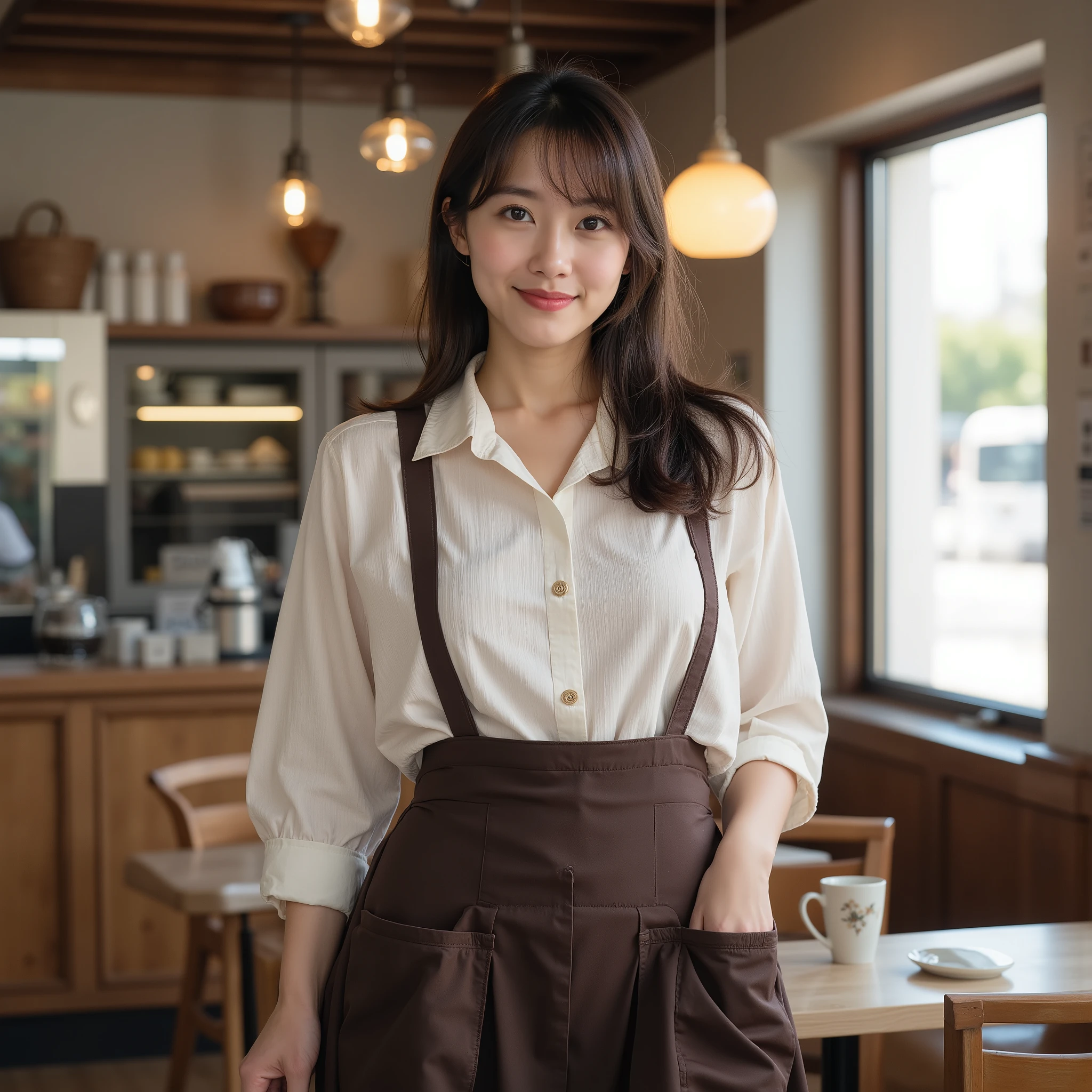 『A Japanese woman:1.3』『raw photo:1.3』Highest Quality:1.2、an ordinary woman not beautiful、Country-smelling 、(Saggy Chest、narrow waist:1.2))、((35 year old woman))、not wearing makeup『Smiling with teeth showing:1.2』、(((anatomically correct、perfect anatomy、anatomically correct指の本数)))、Realistic, Highest Quality, super high resolution on a pile, RAW photo, (thin waist:1.5)、Saggy Eyes、Round face outline、((showing her whole body(A full body photo of a woman) - standing, long shot, full legs, elegant dress :1.3))、((Full Body Portrait:1.3))、(((a full body photo of a woman, perfect hands, realistic fingers, 5 fingers on each hand, natural pose)))、full body,Idol-like appearance and smile ,(masterpiece, is anatomically accurate, very detailed, Highest Quality, 8k)、(((throw:1.Japanese woman living alone 20 years old、beautiful woman showing my butt、coffee shop owner、loose blouse、maxi pleated skirt、Brown Apron、quiet Showa jazz cafe、inside the store where the sunset shines in、brown hair {X} there is a huge speaker at the back of the store {x} brewing coffee with a siphon inside the counter、narrow eyes、Berland Details、Thin curly hair at the back of the store、big round, Speak gently 、 Pillow story、Gentle smile。coffee shop owner2Tower、