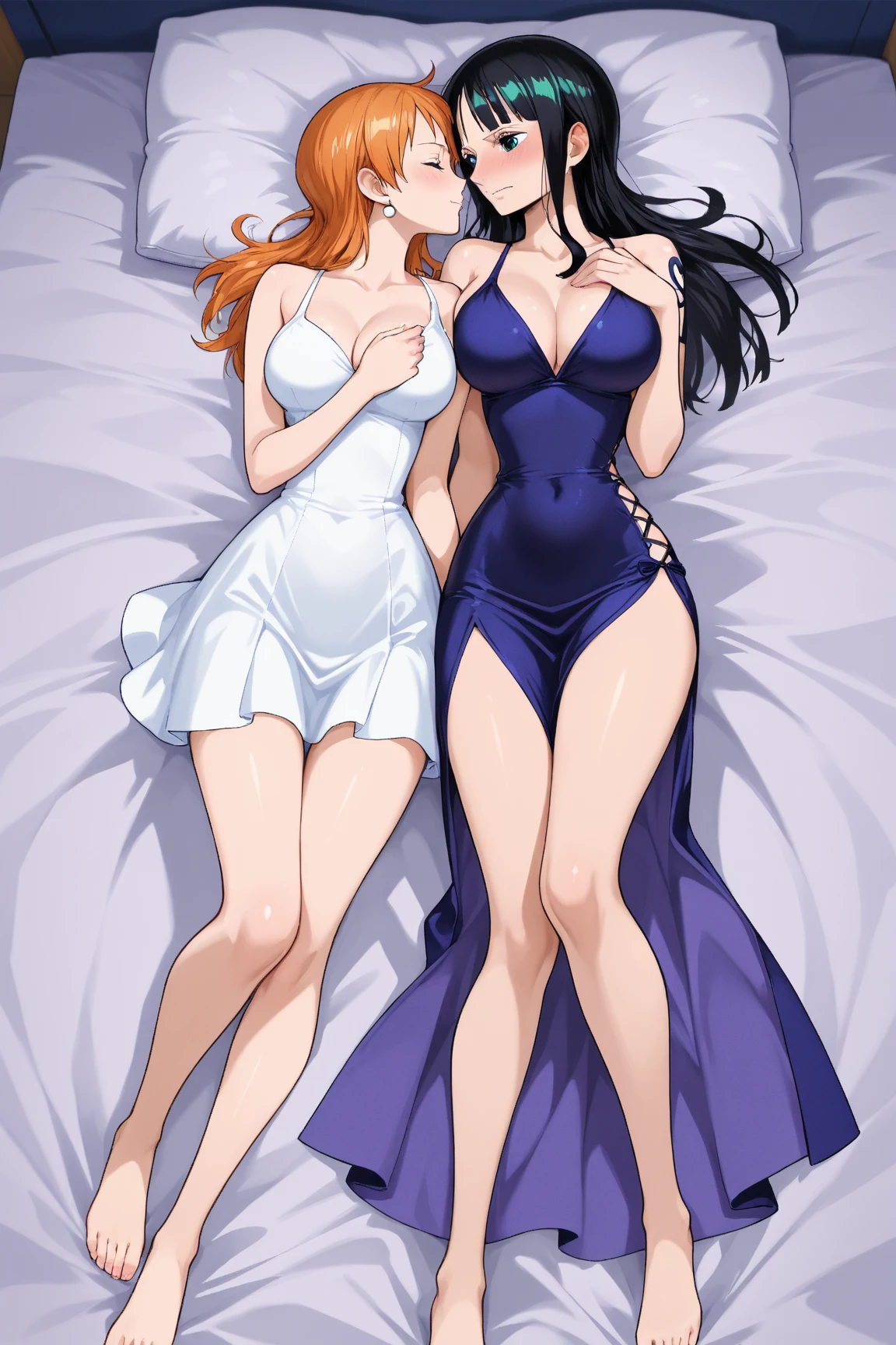 MaraH Uchiha A beautiful bold woman of western appearance, ultra realistic, large pointed , thin waist, (long messy black colored hair), slender, a beautiful, red colored eyes. She is wearing only a thin wet white bathrobe, open bathrobe, white lace panties, lying on the bed, sitting on the bed, bedroom, sheets, pillows, tall and slender, look and provocative face, (realistic and detailed photo, best quality, a masterpiece, 8K, vibrant colors, hyper detailed) realistic style, she is with a glass in her hand next to a red-haired woman with the ,  Slim waist and red hair, her eyes blue and she's wearing a  dress glued to her body