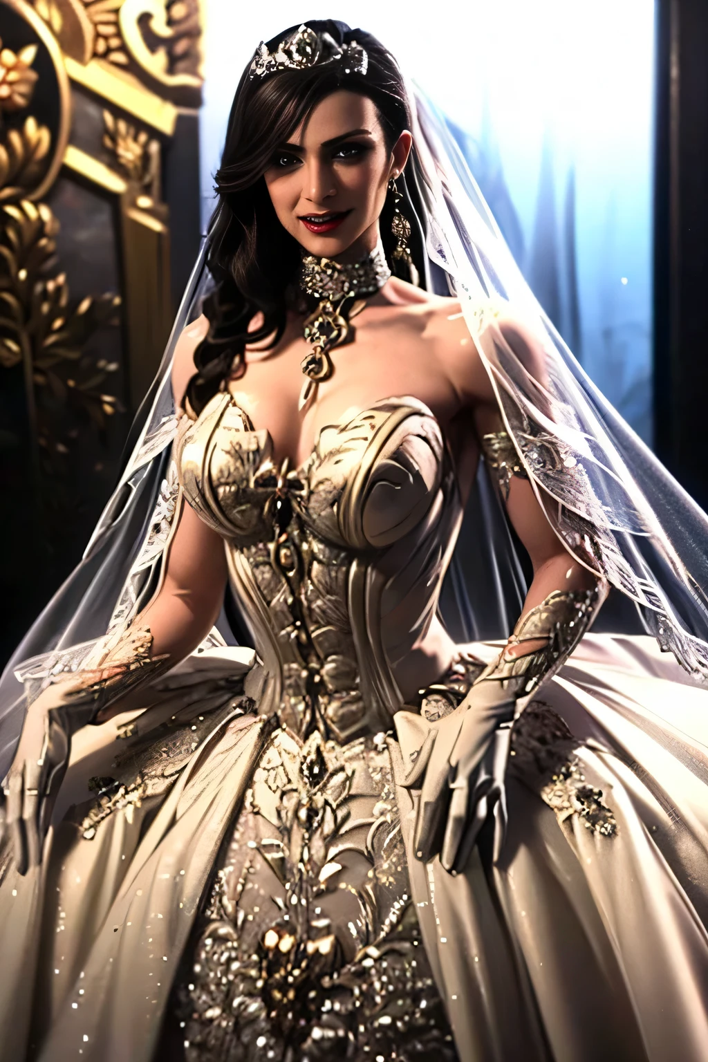 1girl, solo,Hela marvel, crown,earrings ,lipstick, eye shadow, makeup, hair between eyes, ahoge, hair ornament, gloves, dress, cleavage,  shoulders, collarbone, white oprea gloves, white gloves, white dress, strapless, white choker, tiara, veil, strapless dress, wedding dress, bridal veil, beautiful woman, perfect body, perfect , wearing a wedding dress, ball gown, in the park trees, wedding decorations, looking at the viewer,  smile, realism, masterpiece, textured skin, super detail, high detail, high quality, best quality, 1080p, black hair, see-through bridal veil, high heels, extremely poofy wedding dress filled with white poofy petticoats hidden beneath the massive skirt of her wedding dress, holding a black rose bouquet