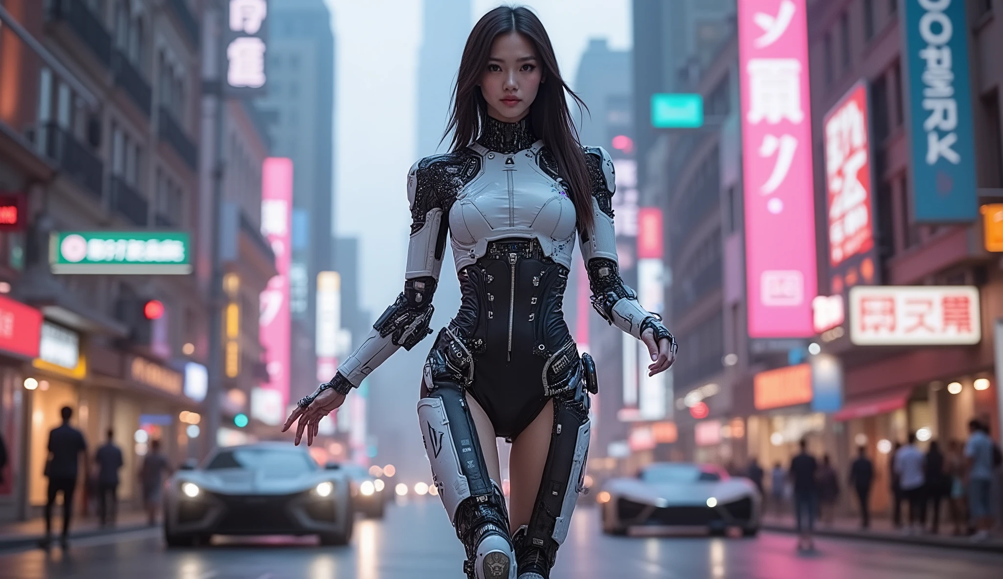 cyborg girl walk on the futuristic neon street