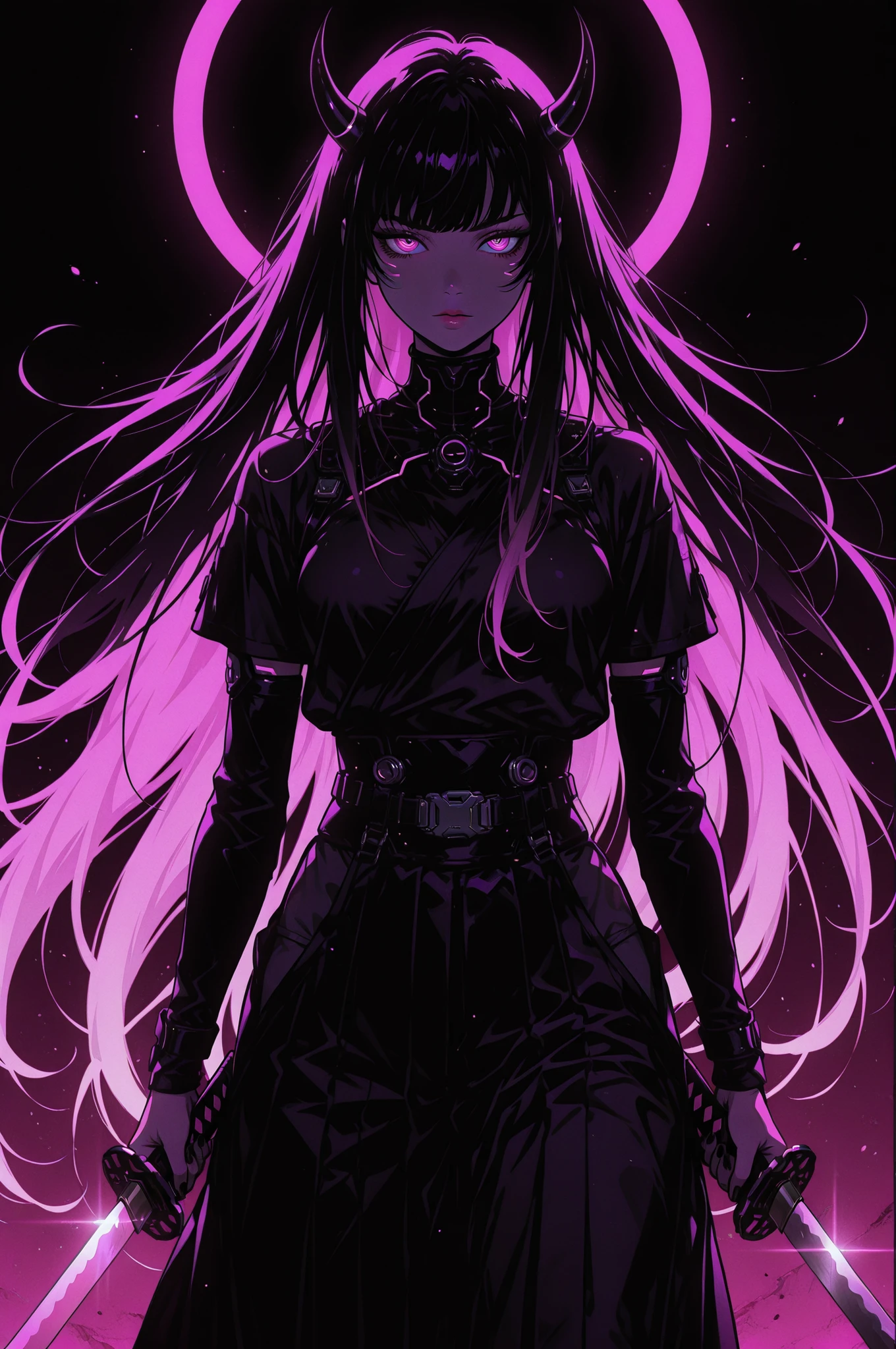 vector art, flat cel shading, vibrant colors, clean lines, anime-pop style,dark anime girl, neon pink lighting, long flowing hair, devil horns, holding katana, cyberpunk aesthetic, dramatic lighting, vibrant colors, detailed, sharp focus