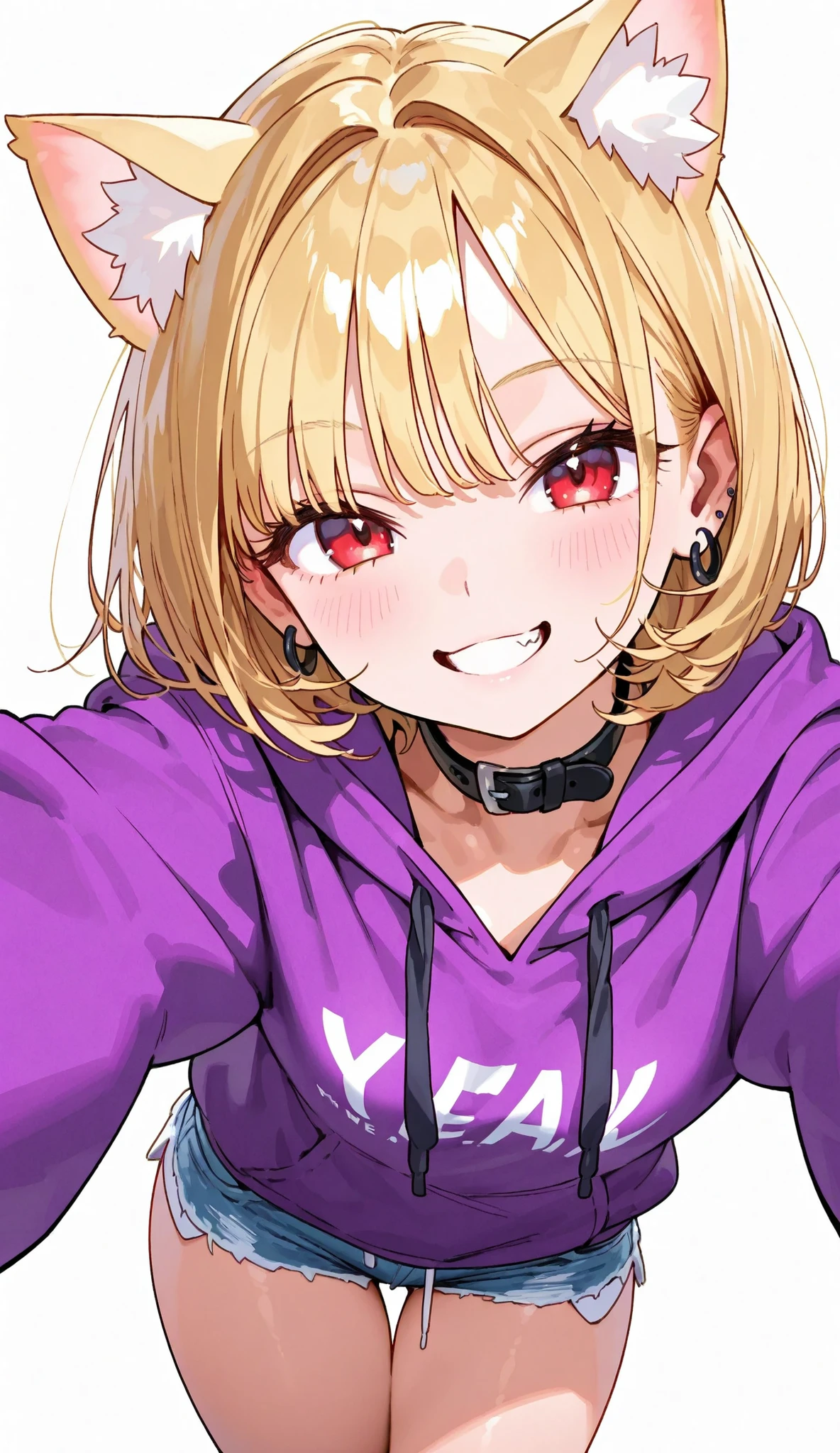 Gal V 、year zero、shiny skin、happy、Blonde、golden hair、short hair、small cat ears the same color as the hair、small golden cat ears、Red Eyes、black collar、Purple Hoodie、hotpants、white background