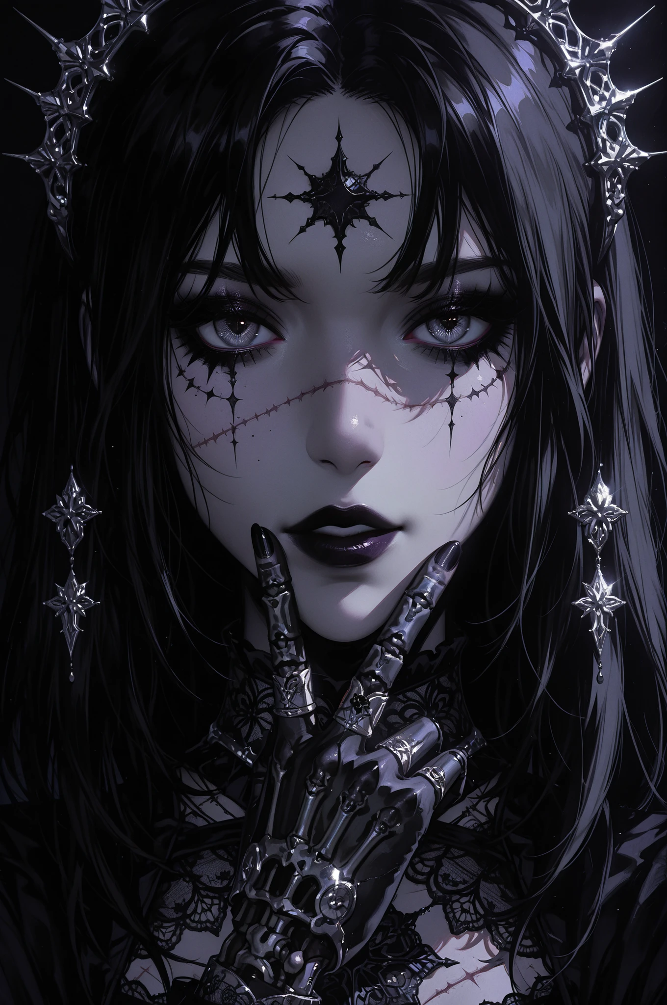 Female figure, (ethnicity:1.2), (age:20), (detailed clothing:1.2), (accessories:1.1), (facial features:1.3), (expression:1.2), (detailed makeup:1.3), dark gothic style, close-up portrait, (body type:1.1), (pose:1.2), posed in the center of the image, facing the viewer, pale skin, dark grey/black hair, (detailed makeup design:1.3), with dark bluish-gray eye contacts, dramatic dark eyeliner, dark painted lips, (detailed scars:1.1) and stitches, dark lipstick, long sharp black nails, finger over lips, dark mesh lace clothing, intricate silver jewelry, (detailed metallic accessories:1.2), small skeletal decorations, (detailed accessories:1.2), dark background, with small dark star shaped objects, dark color palette, dark moody atmosphere, fantasy style, photorealistic, dramatic lighting, detailed textures, (skin texture:1.2) detailed, high detail, sharp focus.