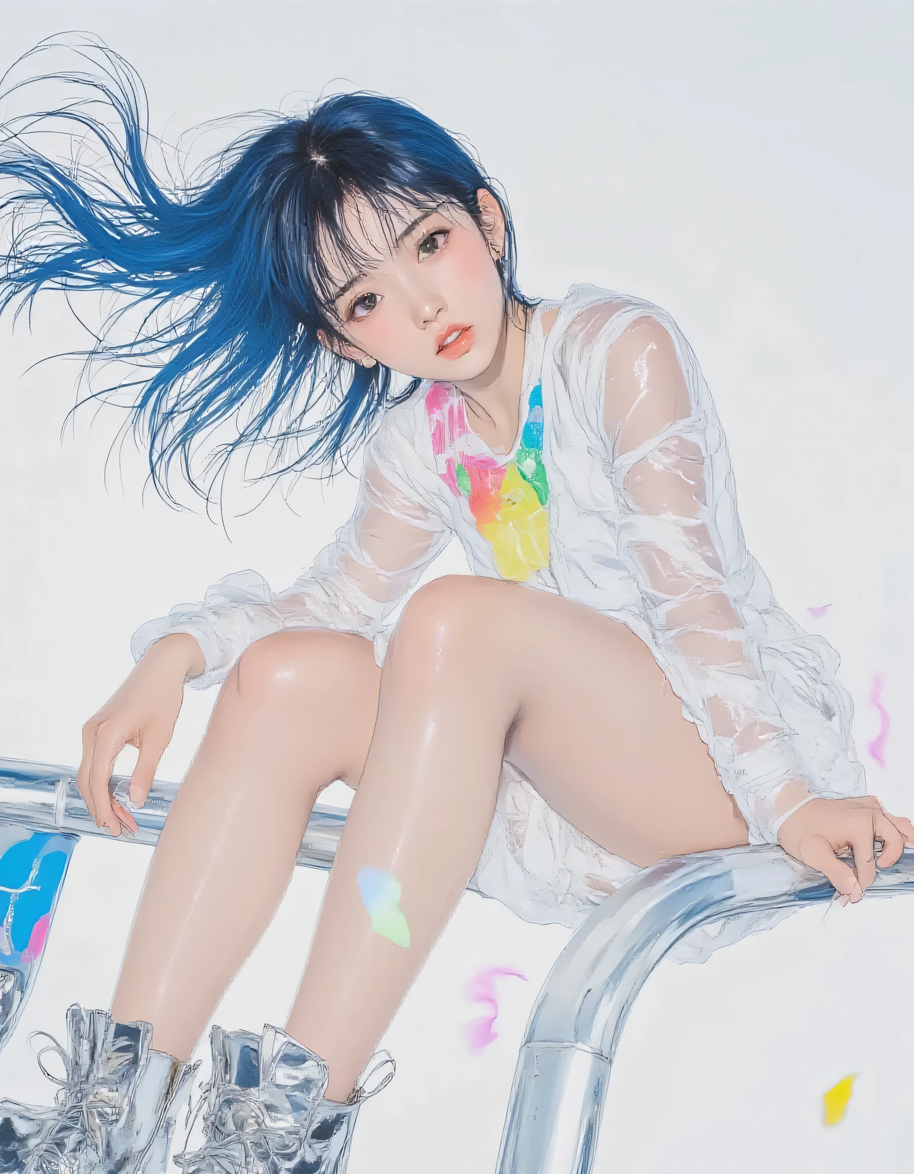 vivid, very detailed, Award-Winning Illustrations, full body, central frame, dynamic configuration, dramatic angle, white background, Rimlight, motion blur, shockwave effect,  Color Flare , Teenage Girls, Bubble Gum Blue Hair, Zero Gravity Long Hair,  navy eyes , smooth skin on r roads, petite body,, Silk dress with neon trim, Transparent sleeves, Light-Reactive Fabric, Platform Boots, hand extended in front, Other Arm Stretched Back, tears in my eyes, Calling Open Lips, My Hair Dances, Shining fingertips, Shines close to the face, Rainbow Trails , Confetti Explosion in the Distance, Emotional Charge Effect、beautiful, Nikon Z7 II fantasy shot with mirrorless camera. hyperrealistic, masterpiece, high resolution skin riding on a handrail、Light Shadows、最高masterpiece、