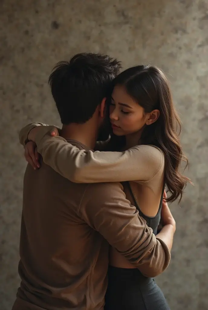 A photograph of a boy witht blonde hair and a girl with black hair hugging 