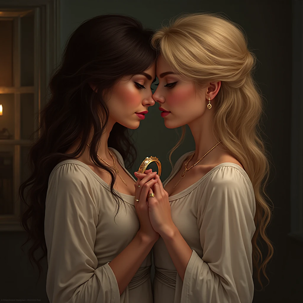 (best quality:1.2, ultra-detailed, photorealistic:1.37), beautiful woman, blue eyes, (elegant, long-flowing, flowy:1.1) hair, , golden ratio, intricate details, natural beauty, vibrant colors, soft lighting,  for you, wants you, (2girls, eye contact, kiss, cheek to cheek:1.2), smile, florals, Pedras preciosas.