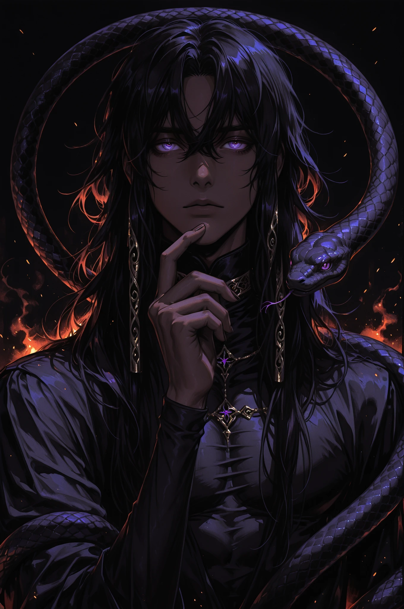 painterly, digital painting, semi realistic, 1boy, solo, long hair, black hair, glamorous_hair, violet eyes, dark skin, male_focus, upper body, black gothic style top, black background, embers, dominant pose, snake