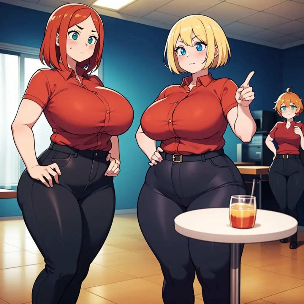 ((highres)), Masterpiece, high quality, best quality, beautiful, perfect lighting, detailed face, ultra cute face, ((2girls)), ((blush)), one girl has blonde hair, blue eyes, red shirt, black pants, work uniform, one girl has orange hair, green eyes, red shirt, black pants, work uniform ,tight clothes, super market, , perky , wide , (thick thighs), plump, standing next to each other, 