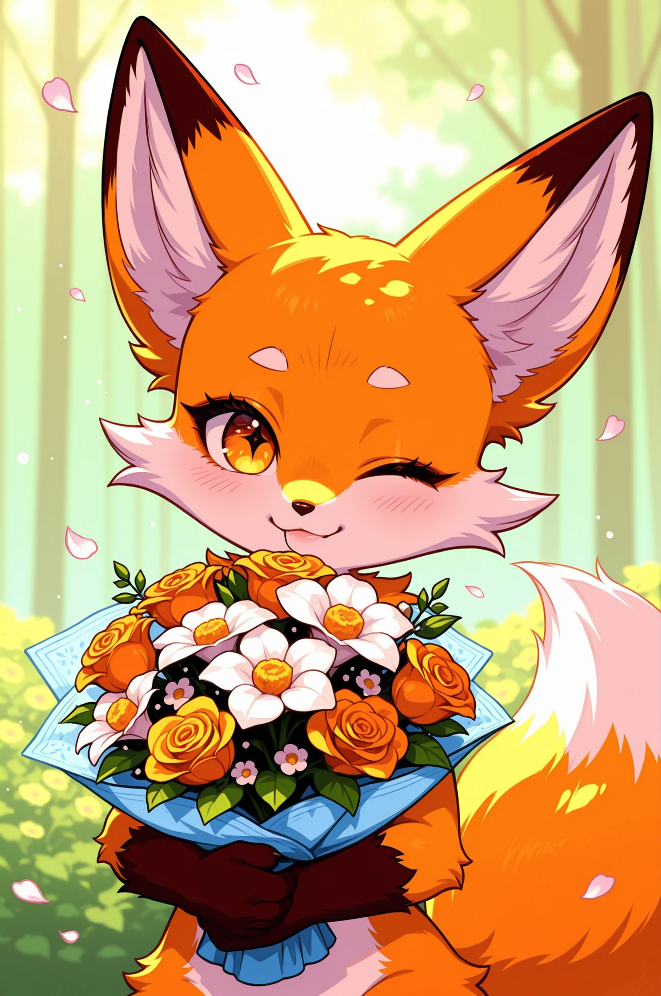 Cute, cartoon fox holding bouquet of flowers. Adorable, stylized fox with soft, fluffy, light orange fur. Large, expressive eyes with a gentle, happy expression. Fox is winking slightly. Mouth is a gentle smile. Small nose and pointy ears. Holding a bouquet of light orange/peach colored flowers. Flowers are detailed, with soft shading and delicate petals. Soft, natural lighting illuminates the fox and flowers. Warm, golden tones create a gentle, inviting atmosphere. Composition is focused on the fox's face and the bouquet, with a blurred background. Smooth, detailed fur texture. Gentle, loving mood. Digital painting style with realistic fur details and cartoonish features. Focus on soft colors and light. Pastel colors. Detailed fur, Soft, smooth shading.