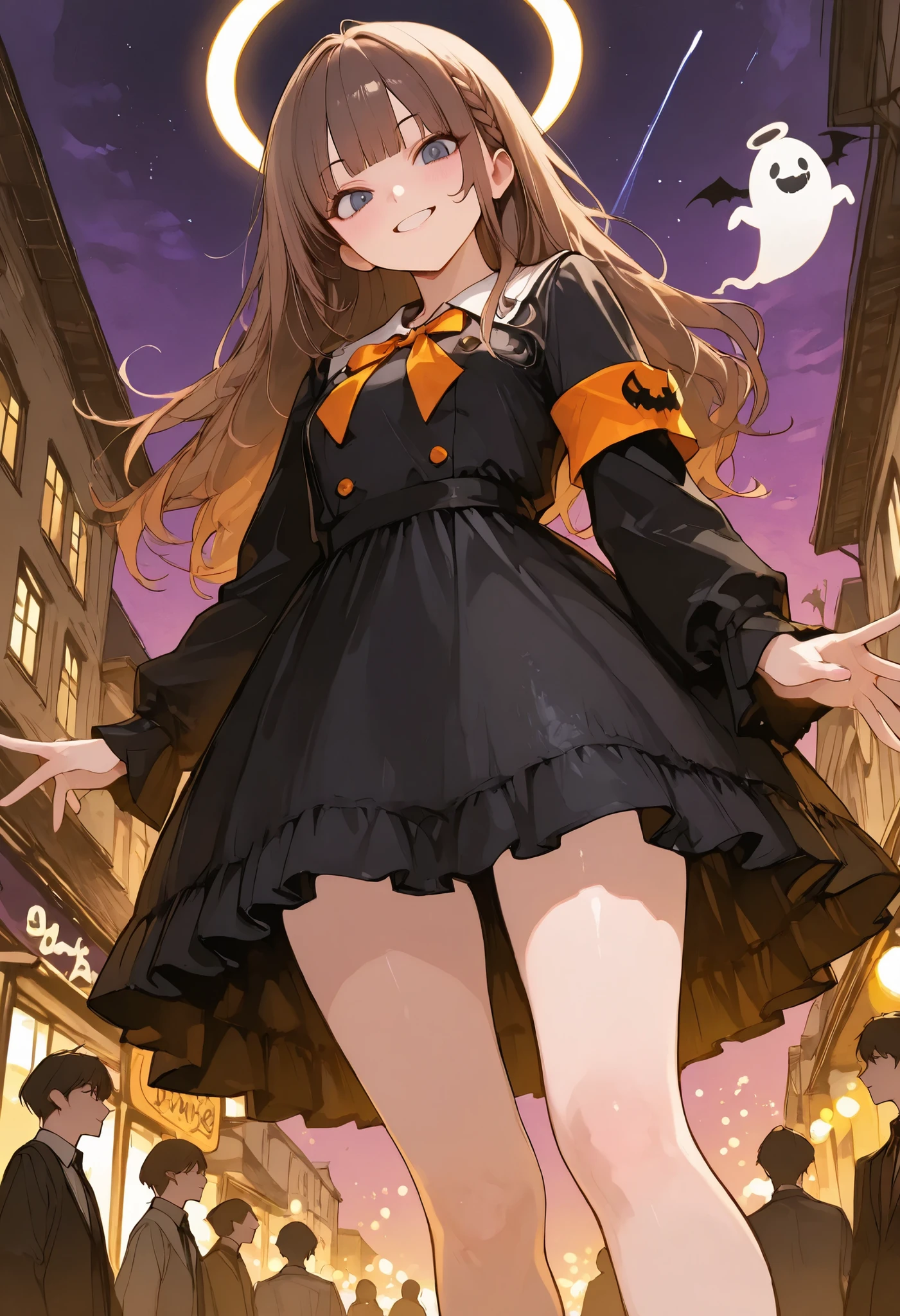 Cheerful Halloween Ghosts with a Horrible Atmosphere、Halloween Night、Late Night、ghost girl、black dress、Break (masterpiece:1.2), Highest Quality, high definition, Unity 8k Wallpaper, (shape:0.8), (Beautiful attention to detail:1.6), Highly detailed faces, perfect lighting, very detailed CG, (perfect hands, perfect anatomy),((from below:1.2)),Halloween Parade、Brilliant Colors,beautiful eyes,A delicate smile,Textured Skin,masterpiece,Kilo,BEST QUALITY THE BEST,gentle and beautiful woman,Noisy Ghosts,Everyone Here Are Ghosts,Wearing Stylish Costumes、Crowded Scramble Crossing、Exchanging lots of sweets、meteor、空から降り注ぐmeteor、無数のmeteor群、brown hair,shortcuts with armbands,unkempt hair,Short braided hair,Neat,slender beauty,correct attitude,small breasted,beautiful legs,Enchanting Gray-Blue Eyes Shine Like Stars,Saggy Eyes,Brilliant Colors,beautiful eyes,A delicate smile,Textured Skin,BEST QUALITY THE BEST,gentle and beautiful woman,anime style、4K High Quality、Photographer style、Realistic、HDR、ultra-fine depiction、Vivid Color、Bokeh