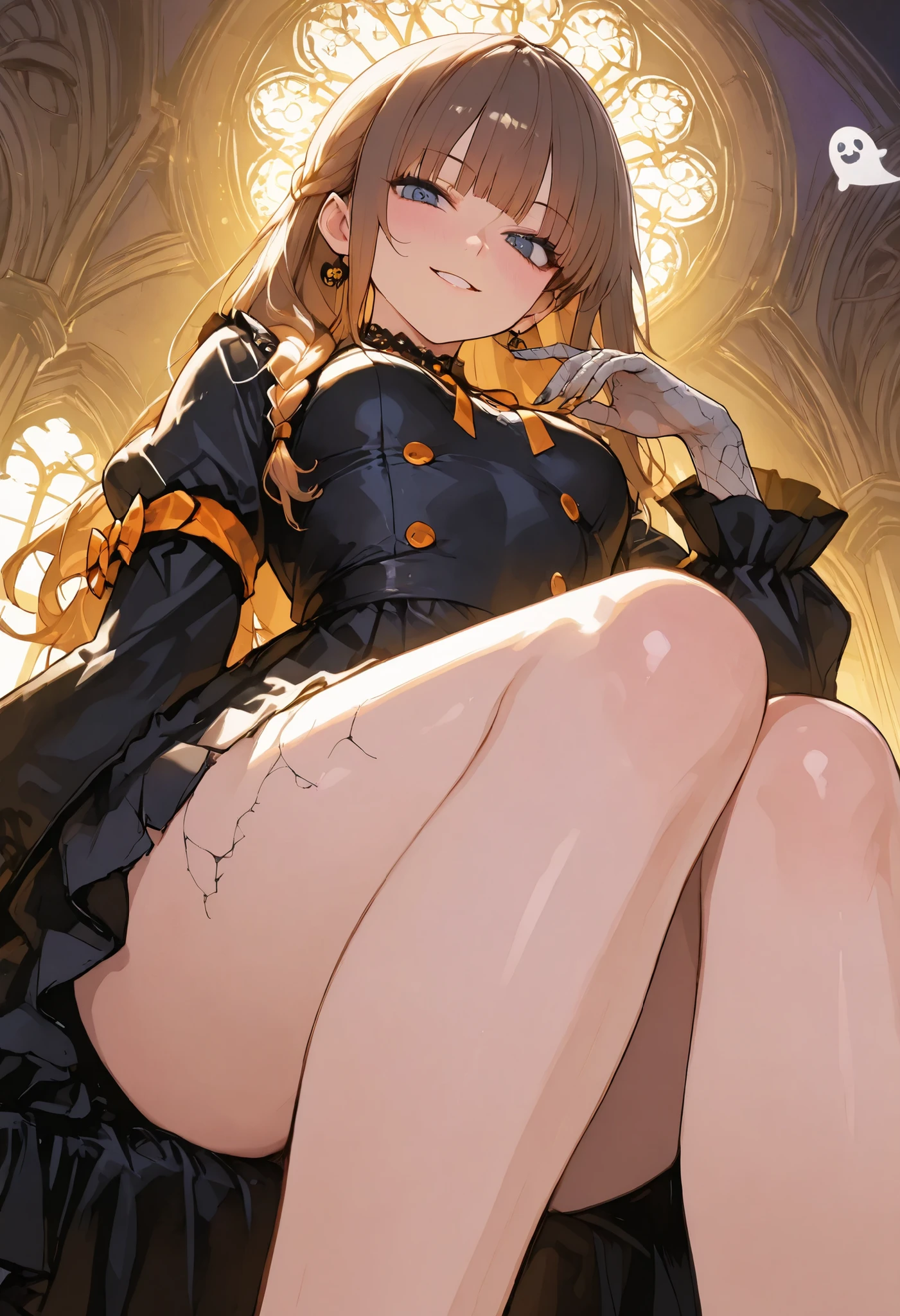 Cheerful Halloween Ghosts with a Horrible Atmosphere、Halloween Night、Late Night、ghost girl、black dress、Break (masterpiece:1.2), Highest Quality, high definition, Unity 8k Wallpaper, (shape:0.8), (Beautiful attention to detail:1.6),  Highly detailed faces, perfect lighting, very detailed CG, (perfect hands, perfect anatomy),((from below:1.2)),Halloween Parade、Brilliant Colors,beautiful eyes,A delicate smile,Textured Skin,masterpiece,Kilo,BEST QUALITY THE BEST,gentle and beautiful woman,Noisy Ghosts，Everyone Here Are Ghosts，Wearing Stylish Costumes、Crowded Scramble Crossing、Exchanging lots of sweets、meteor、空から降り注ぐmeteor、無数のmeteor群、brown hair，shortcuts with armbands，unkempt hair，Short braided hair，Neat，slender beauty，correct attitude，small breasted，beautiful legs，Enchanting Gray-Blue Eyes Shine Like Stars，Saggy Eyes，Brilliant Colors,beautiful eyes,A delicate smile,Textured Skin,BEST QUALITY THE BEST,gentle and beautiful woman,anime style､4K High Quality、Photographer style、Realistic、HDR、ultra-fine depiction、Vivid Color、Bokeh