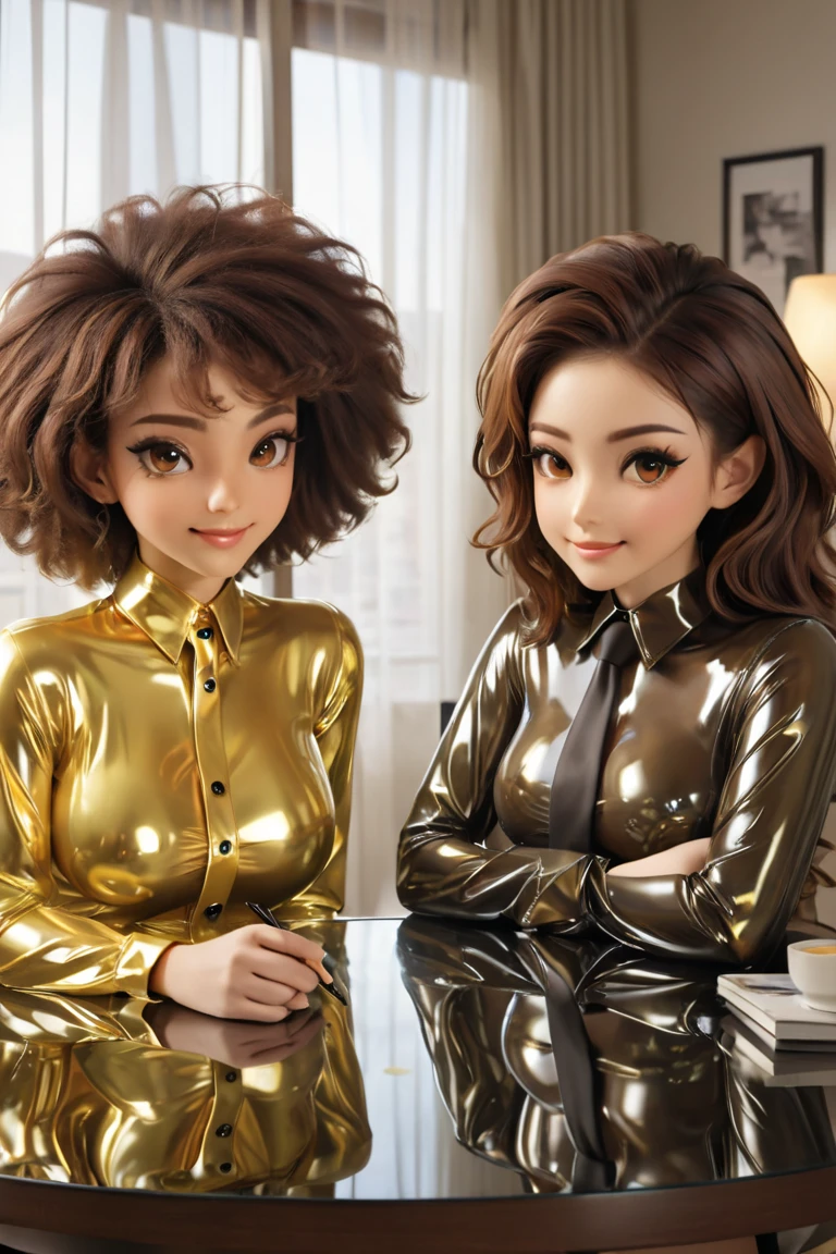   2 girls in extremely tight , shiny transparent latex blouses buttoned, Are two girls in the apartment buttoned at the table , afro,  brown hair ,   reflection  ,   reflecting light,  high resolution ,  masterpiece , necktie,   very strong shiny skin ,   very strong makeup, smile, Breasts , 