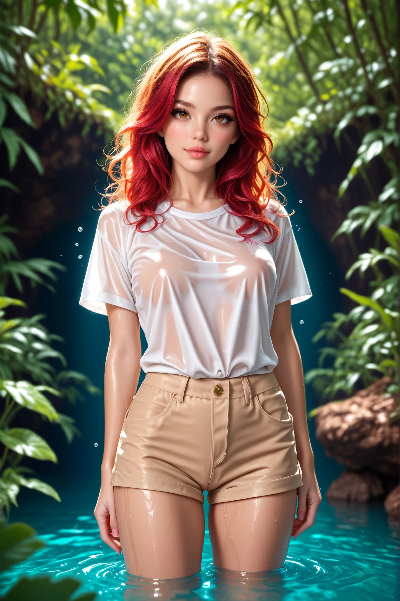 ultra realistic, photography, long red hair, girl, 24 years old, hazel eyes, hourglass figure, perfect body, Flirty look, beautiful detailed woman, intricate and detailed face, long lush hair, soft lighting, photorealistic, high quality, cinematic, dramatic, warm color tones, facing the camera, Nikon z fx, lens 35 mm, blur background, in the jungle, she is wearing a beige tight buttoned shirt and olive shorts and brown hiking shoes, full body picture, the camera is zoomed out, we see her full body, she is standing in a deep river, her body is submerged underwater to the , she is soaking wet, her her beige shirt is unbottoned, her beige shirt is open, her white t-shirt is wet, her white t-shirt is completely sheer, her white t-shirt is totally see-through, you can see her   under the wet t-shirt, her hair is wet and messy, the camera is on the ground taking a picture from a low angle, low angle