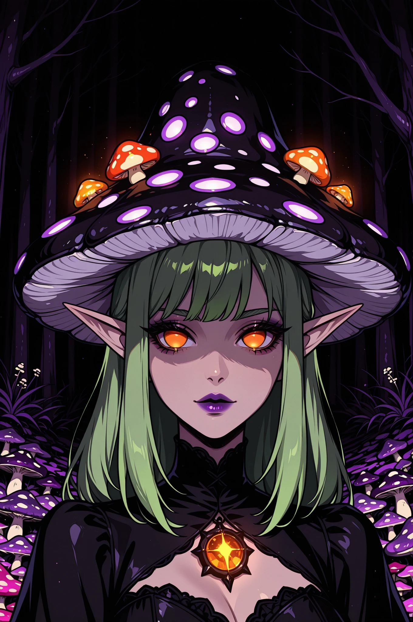 1girl, black dress, orange eyes, no pupils, stands in a mushroom field, portrait, looking at viewer, purple lipstick, glowing, green hair, mushroom hat, elf ears, dark theme