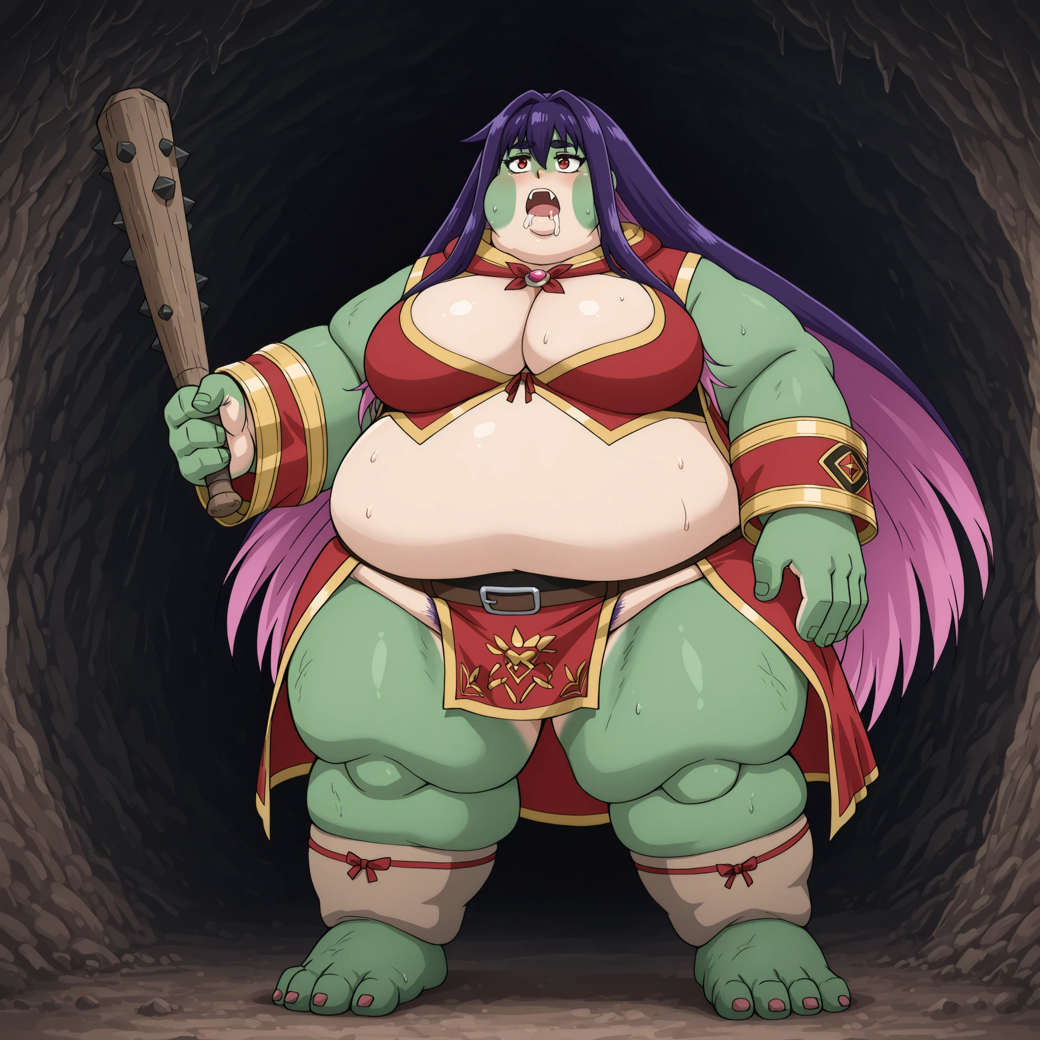 Becoming a orc, monster, Orc, Female Orc, green skin, tusks, Orc, fangs, 1girl, idola_avorn, 1girl, solo, long hair, very long hair, red eyes, purple hair, multicolored hair, pink hair, large breasts, fabric clothes, loincloth, blank_stare, empty_stare, fat, chubby, obese, gigantic arms and legs, large breasts, sweating, wet body, swollen face, Fat_neck , Fat head , eyes with crushed cheeks , nose with crushed cheeks , mouth with crushed cheeks , chin roll,
only head, large head, oversized limbs, large hands, large feet, oversized feet, oversized fingers, big lips, plump lips, fat face, fupa, big fupa, fat fupa, in a cave, open mouth, drooling, pubic hair, hairy, holding a club, holding a weapon