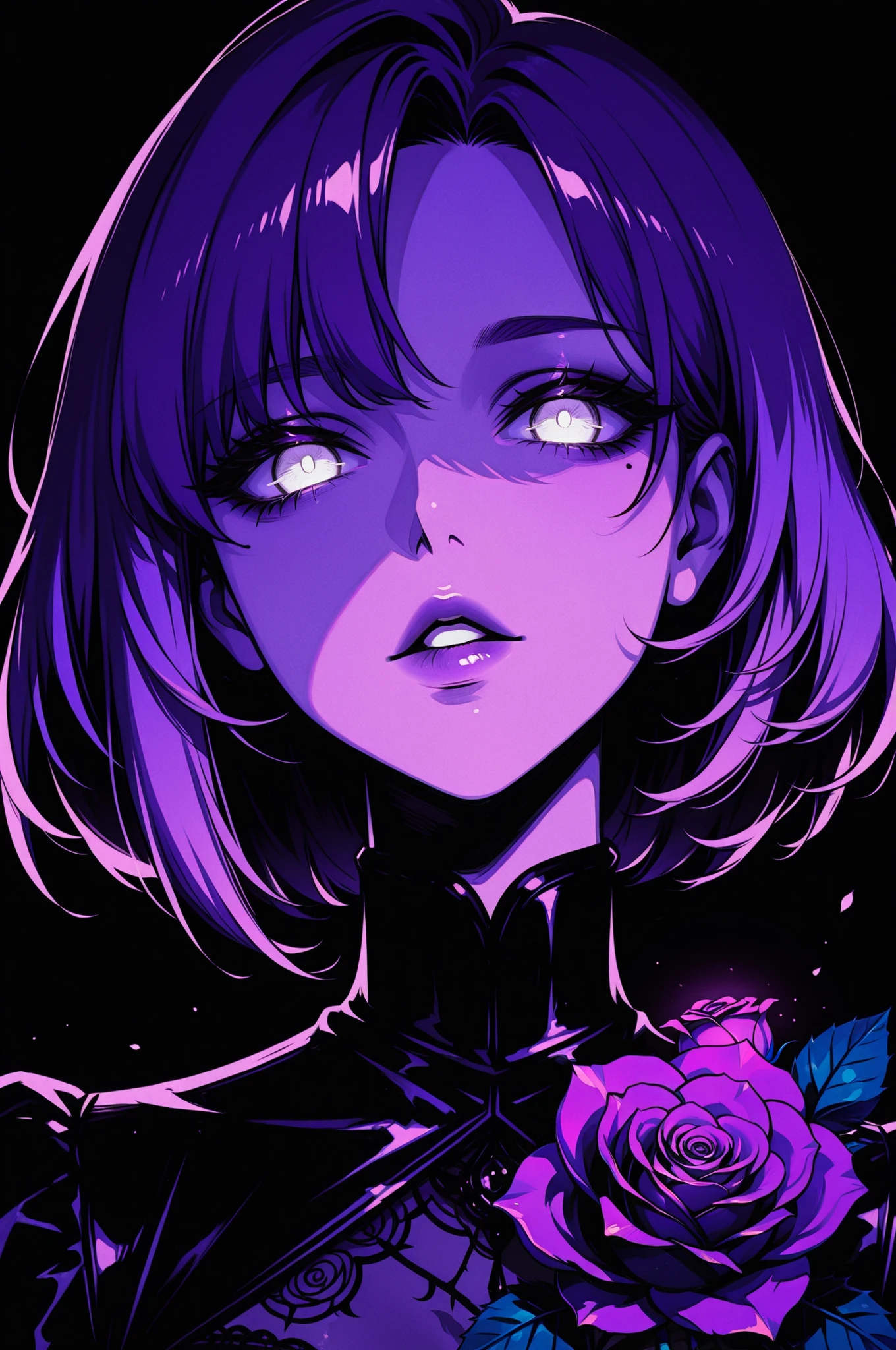 very aesthetic, digital drawing, 1girl, flower, mole, solo, portrait, rose, glowing, mole under eye, parted lips, looking at viewer, simple background, black background, purple theme, glowing eyes, white eyes, short hair