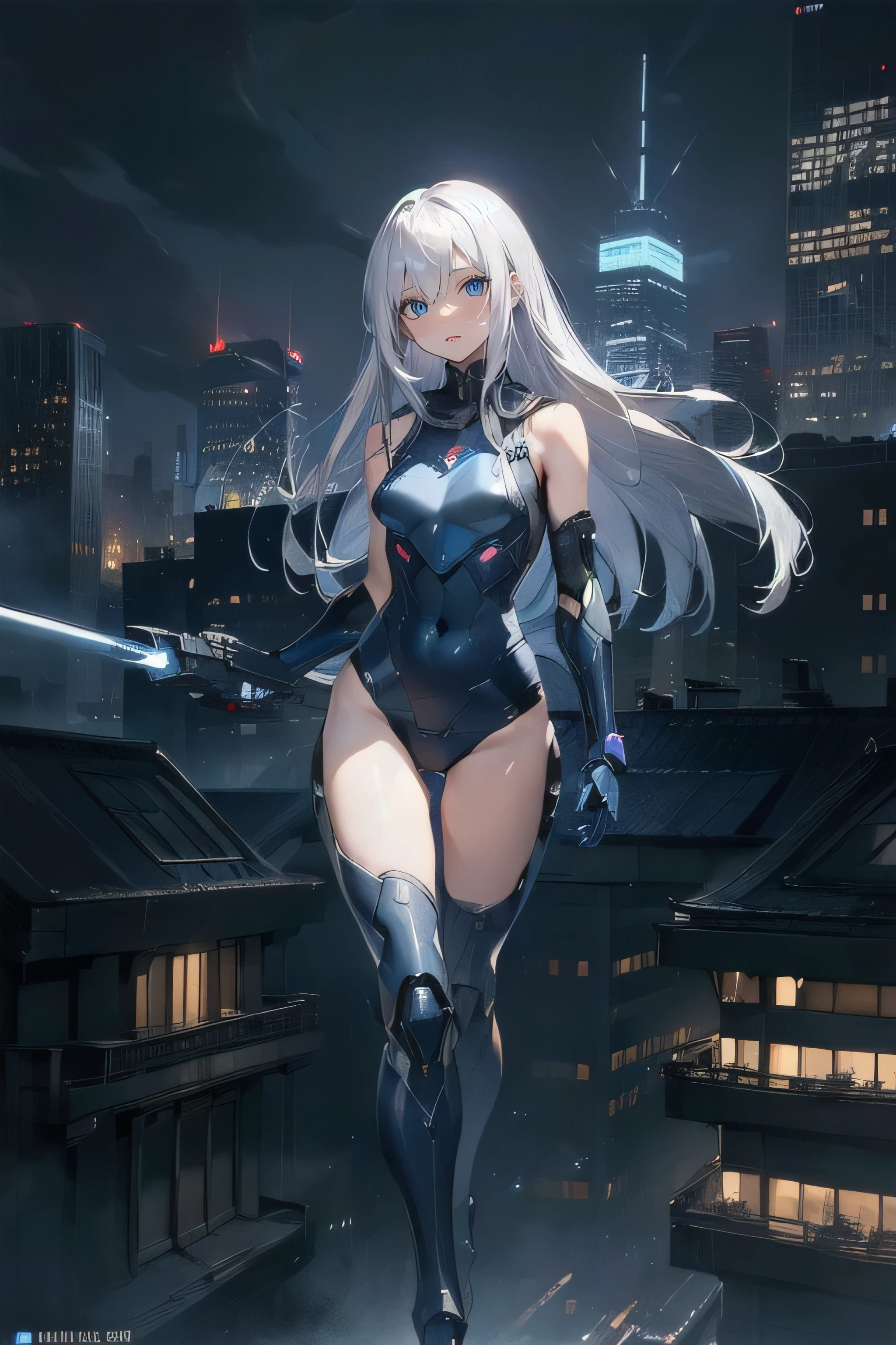 (masterpiece), (best quality), (ultra high resolution), (ultra detailed), High definition RAW color art, animation,sculpture, Silver Marble Skin, Ultra detailed elegant, finely detailed color, cenematic painting, (Top image quality), (Ultra Detailed), (Facing forward), top quality, masterpiece, (((only 1 girl))), Silver Hair, white hair, ((Long hair)), (deep blue eyes:1.6), night, urban, ((holding cybernetic weapon)), ((high leg)), ((bare legs)), ((sleeveless)), battle suit, bodysuit, mecha suit, black suit, skyline, ((city background:1.2))