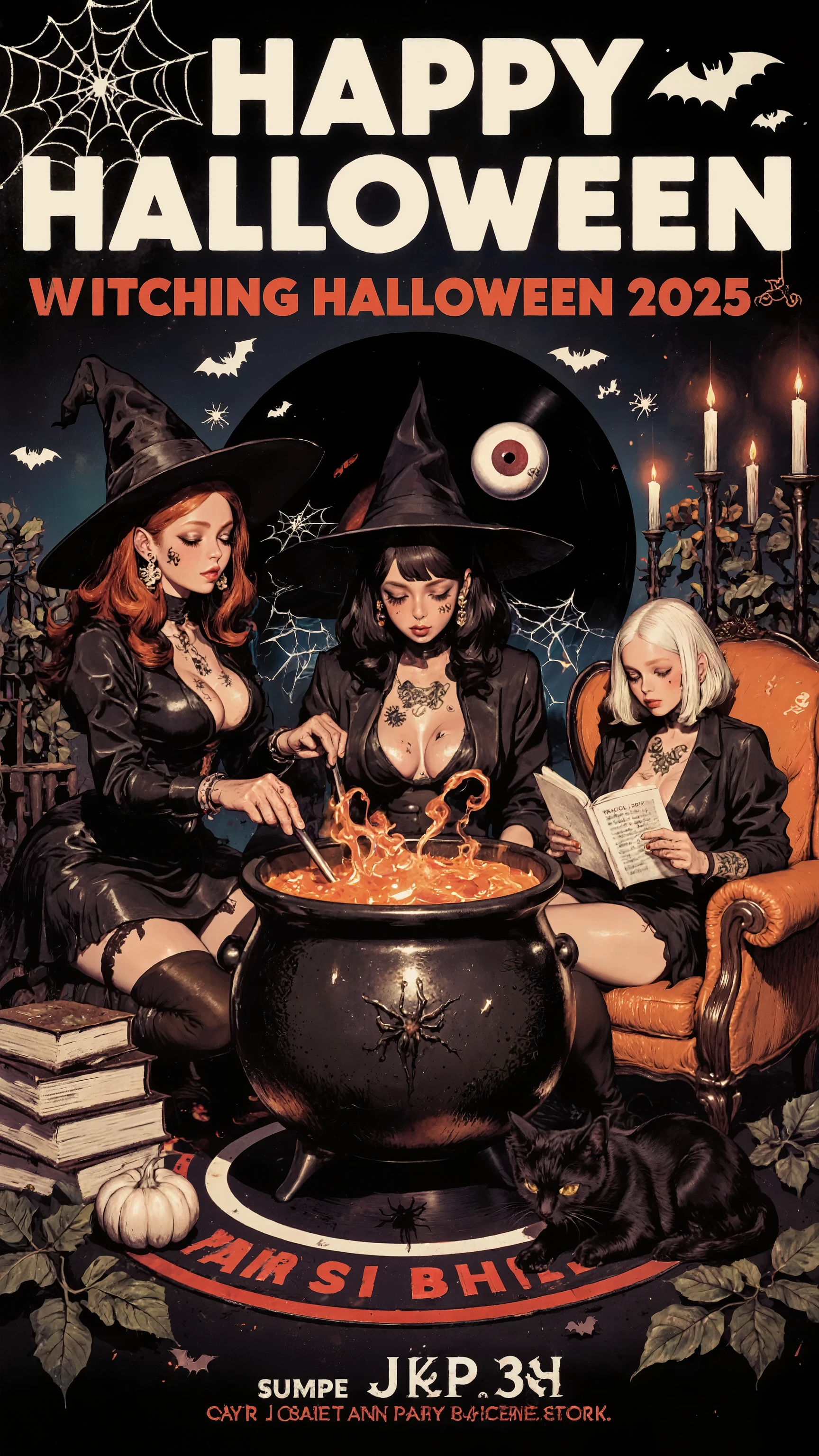 stylish illustration.The vibrant and stylish Halloween poster features bold, stylized white lettering reading “HAPPY HALLOWEEN” at the top, accompanied by spider webs, a spider, bat silhouettes, and a floating eyeball. Details for the “Witching Halloween 2025” are listed in red text. The illustration's retro aesthetic combines playfulness with an allusive atmosphere. The overall flat graphic composition makes it highly effective as a promotional image,(stylish 3 witches and a black cat,party mood),witches Wearing a witch's hat,diverse in appearance, gather around a large, bubbling cauldron.Notes leap out from the witch's cauldron in the center,a sleeping black cat,The record player is playing music in background.(The first witch,red hair, fair-skinned with long auburn hair and elaborate earrings, leans towards the cauldron, her black dress revealing a low neckline). (The second witch, with dark curly hair and a short black jacket and skirt ensemble, stirs the orange concoction within). (The third witch, pale skin, short white hair, and tattoos, reclines casually in an orange armchair, engrossed in a spellbook; she's adorned in a black dress). A black cat rests beside her. The environment is dark gothic-toned but pop, featuring stacks of books and lit candles in the background. There is a magic circle on the ground,Monstera leaves and a swirling black shape provide background contrast. The composition is a flat,The atmosphere is suggestive of a whimsical, slightly sensual Halloween celebration, reminiscent of vintage art deco illustrations, with an illustrative aesthetic, reminiscent of pop art,xijie-gn,