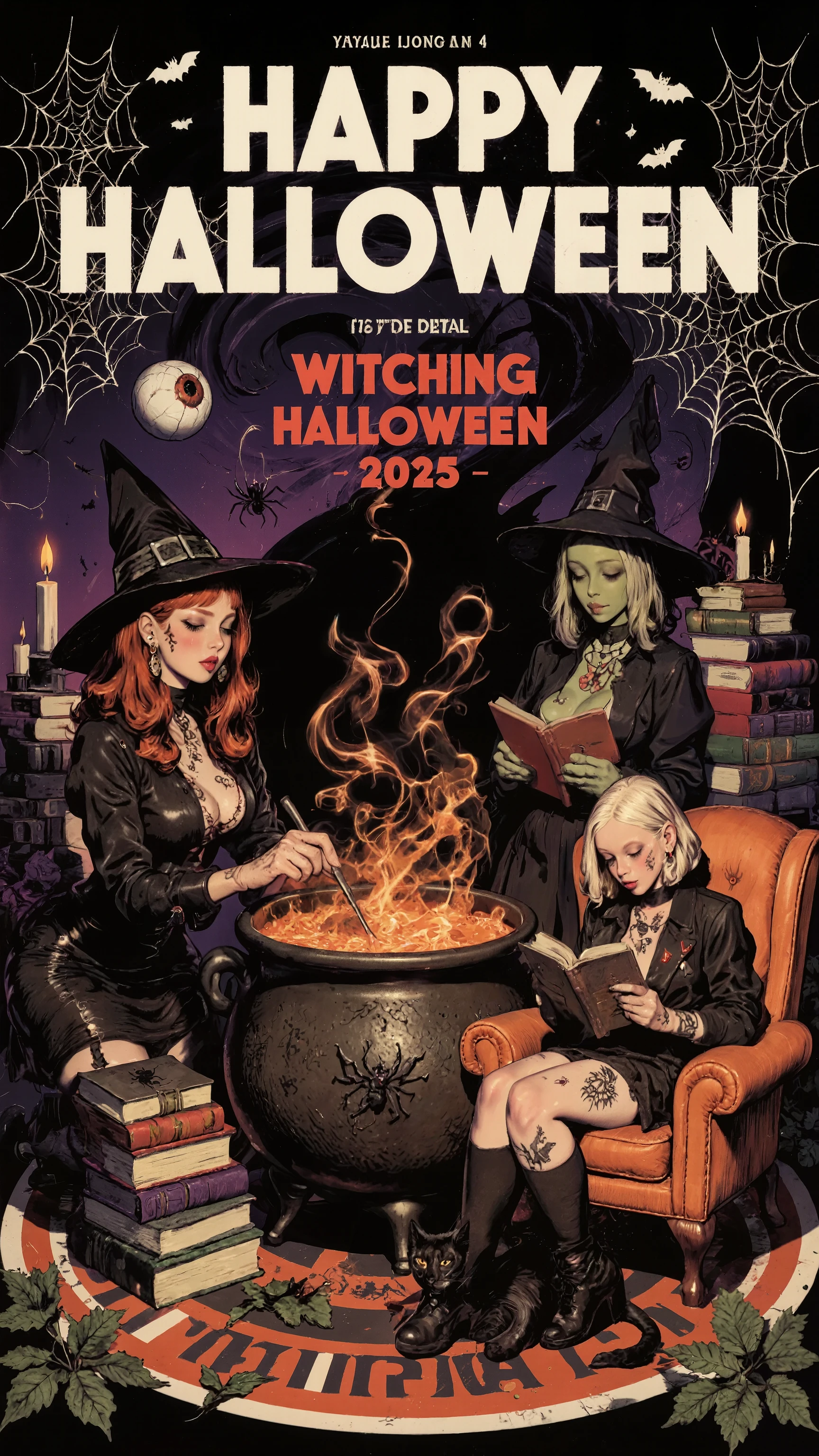 stylish illustration.The vibrant and stylish Halloween poster features bold, stylized white lettering reading “HAPPY HALLOWEEN” at the top, accompanied by spider webs, a spider, bat silhouettes, and a floating eyeball. Details for the “Witching Halloween 2025” are listed in red text. The illustration's retro aesthetic combines playfulness with an allusive atmosphere. The overall flat graphic composition makes it highly effective as a promotional image,(stylish 3 witches and a black cat,party mood),witches Wearing a witch's hat,diverse in appearance, gather around a large, bubbling cauldron.Notes leap out from the witch's cauldron in the center,a sleeping black cat,The record player is playing music in background.(The first witch,red hair, fair-skinned with long auburn hair and elaborate earrings, leans towards the cauldron, her black dress revealing a low neckline). (The second witch, with dark curly hair and a short black jacket and skirt ensemble, stirs the orange concoction within). (The third witch, pale skin, short white hair, and tattoos, reclines casually in an orange armchair, engrossed in a spellbook; she's adorned in a black dress). A black cat rests beside her. The environment is dark gothic-toned but pop, featuring stacks of books and lit candles in the background. There is a magic circle on the ground,Monstera leaves and a swirling black shape provide background contrast. The composition is a flat,The atmosphere is suggestive of a whimsical, slightly sensual Halloween celebration, reminiscent of vintage art deco illustrations, with an illustrative aesthetic, reminiscent of pop art,xijie-gn,