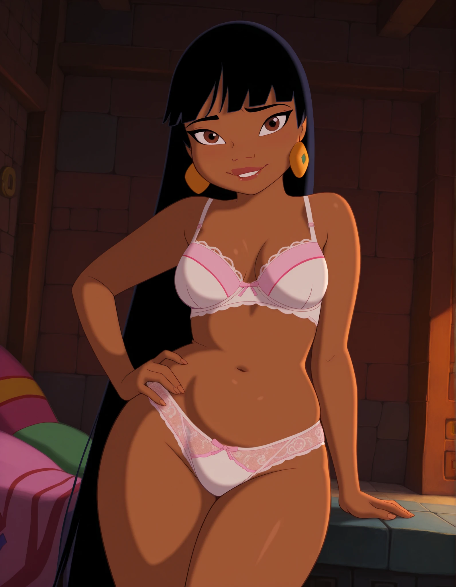 Masterpiece, High quality, Beautiful eyes, ZzChel, Brown eyes, dutch angle, Black hair, Long hair, Dark skin, white and pink lace bra, white lace panties, navel, smile, biting lower lip, Jeweler, Well-narrow waist, Dark skin, Plump brunette, Medium breasts, Cowboy shot, Sexy, indoors, standing, one hand on hip, colorful pillows, looking at viewer