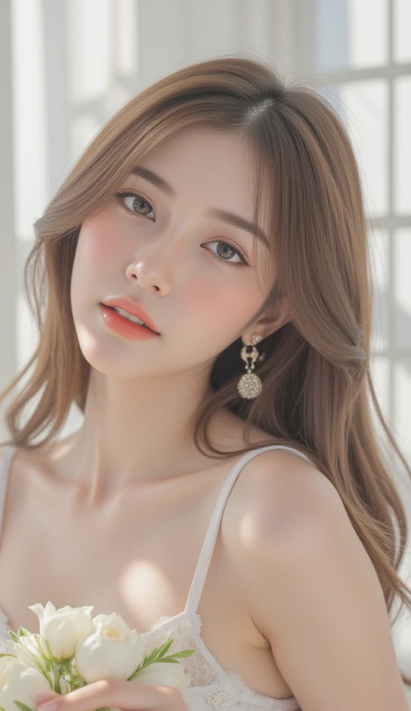 1 girl, (White background), ((8K, masterpiece: 1.4)), (Professional shooting, sharp:1.2),Perfect dynamic composition, (Natural sunlight), (Soft shadows), (Perfect body:1.4, Slim abs:1.2), ((Random Female Hairstyles:1.2, Huge breasts:1.1)), Zhongchanghai, Extremely detailed face and skin, Perfect Asia, White skin, (Delicate skin:1.3),( leather:0.4), (Perfect and radiant skin:0.6), Bai Senai, 21 years old, fashion model, (Sexy casual), Showing cleavage, Blonde hair, Light brown eyes, beautiful eyes, Round eyes, Pretty Face, blush, Glossy lips, High nose bridge, shiny eyes, Perfectly proportioned face, real moist skin, Exquisite expression, Smile at the camera, looking at camera, Exquisite expression, Elegant necklace, Elegant earrings, The Minimalists, walk