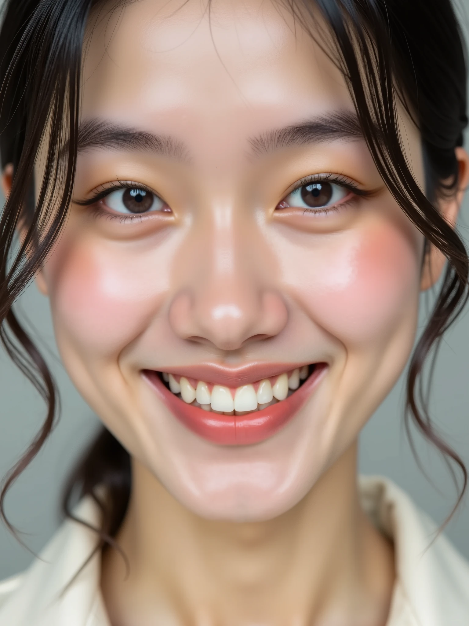 Profile photo S+R closeup beautiful asian woman face with smile confidence , hyper detail texture fairy-skin , smiling confidence showing teeth