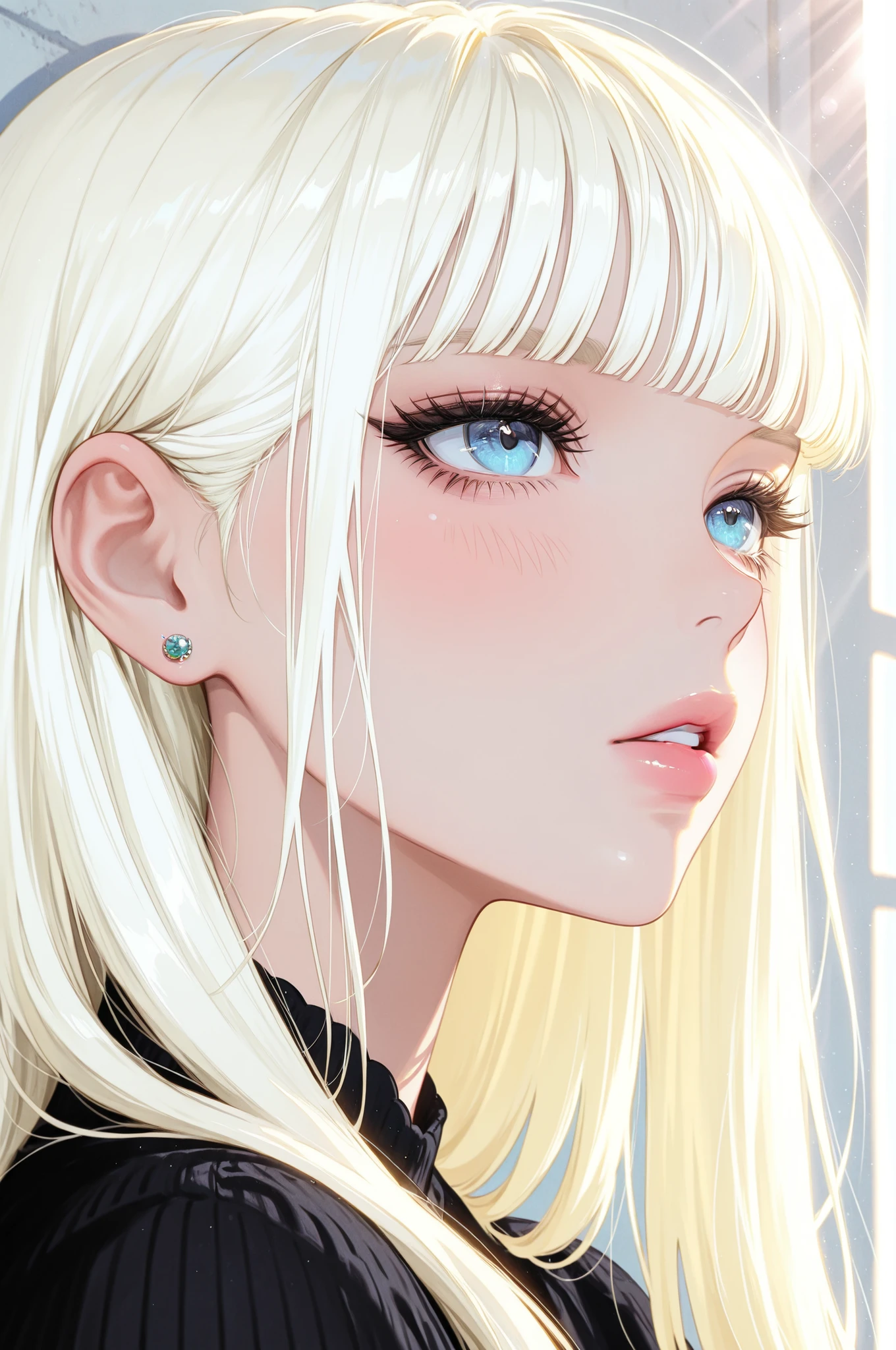 1girl, solo, jewelry, earrings, bangs, blue eyes, portrait, blonde hair, blunt bangs, parted lips, lips, eyelashes, long hair, sunlight, white hair, stud earrings, shadow, blush