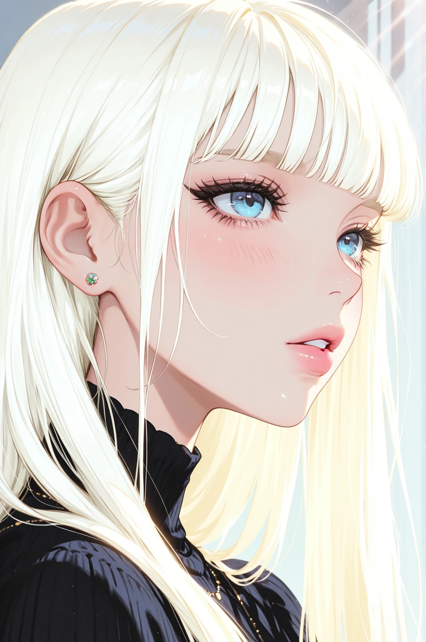 1girl, solo, jewelry, earrings, bangs, blue eyes, portrait, blonde hair, blunt bangs, parted lips, lips, eyelashes, long hair, sunlight, white hair, stud earrings, shadow, blush