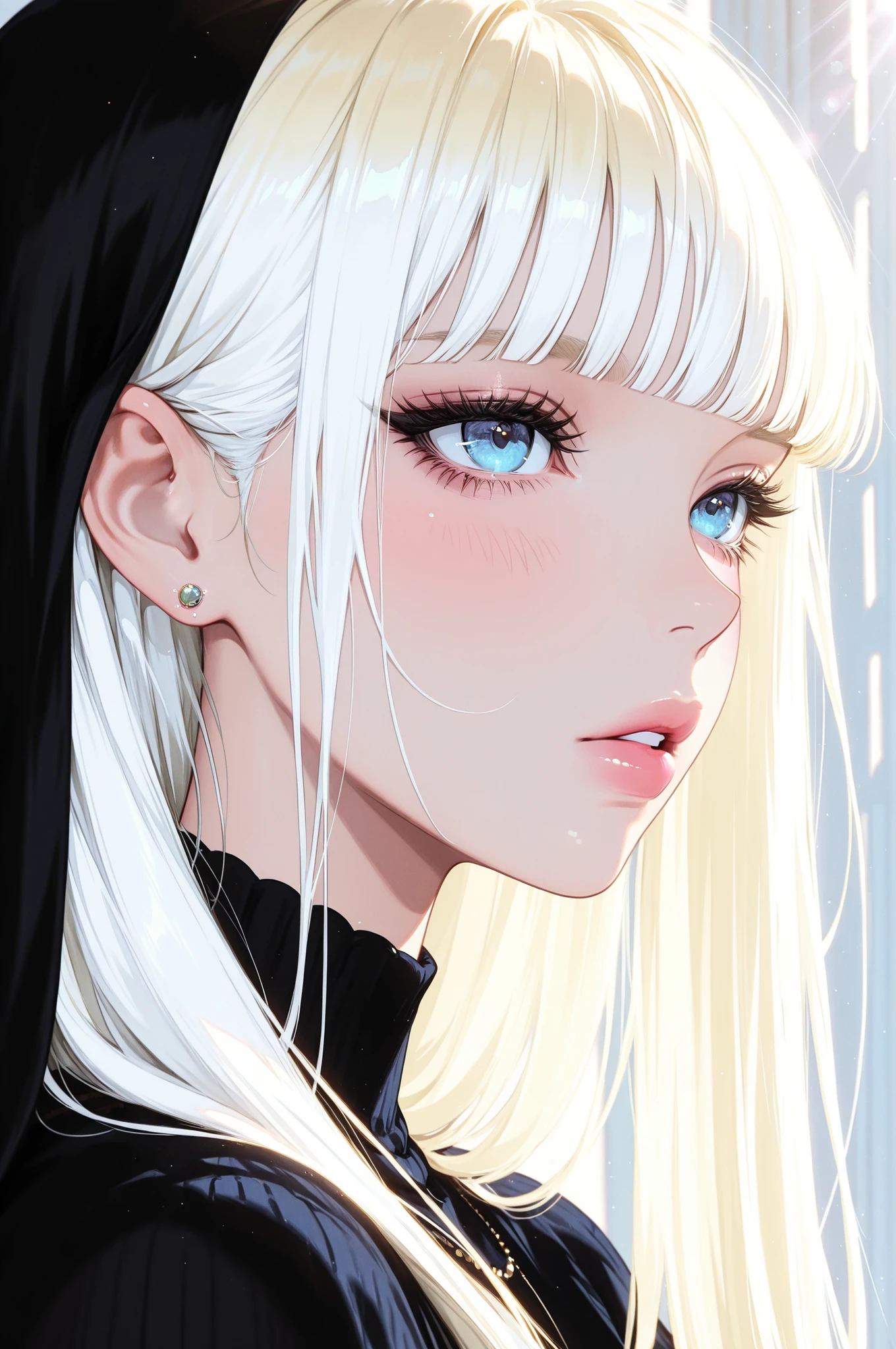 1girl, solo, jewelry, earrings, bangs, blue eyes, portrait, blonde hair, blunt bangs, parted lips, lips, eyelashes, long hair, sunlight, white hair, stud earrings, shadow, blush