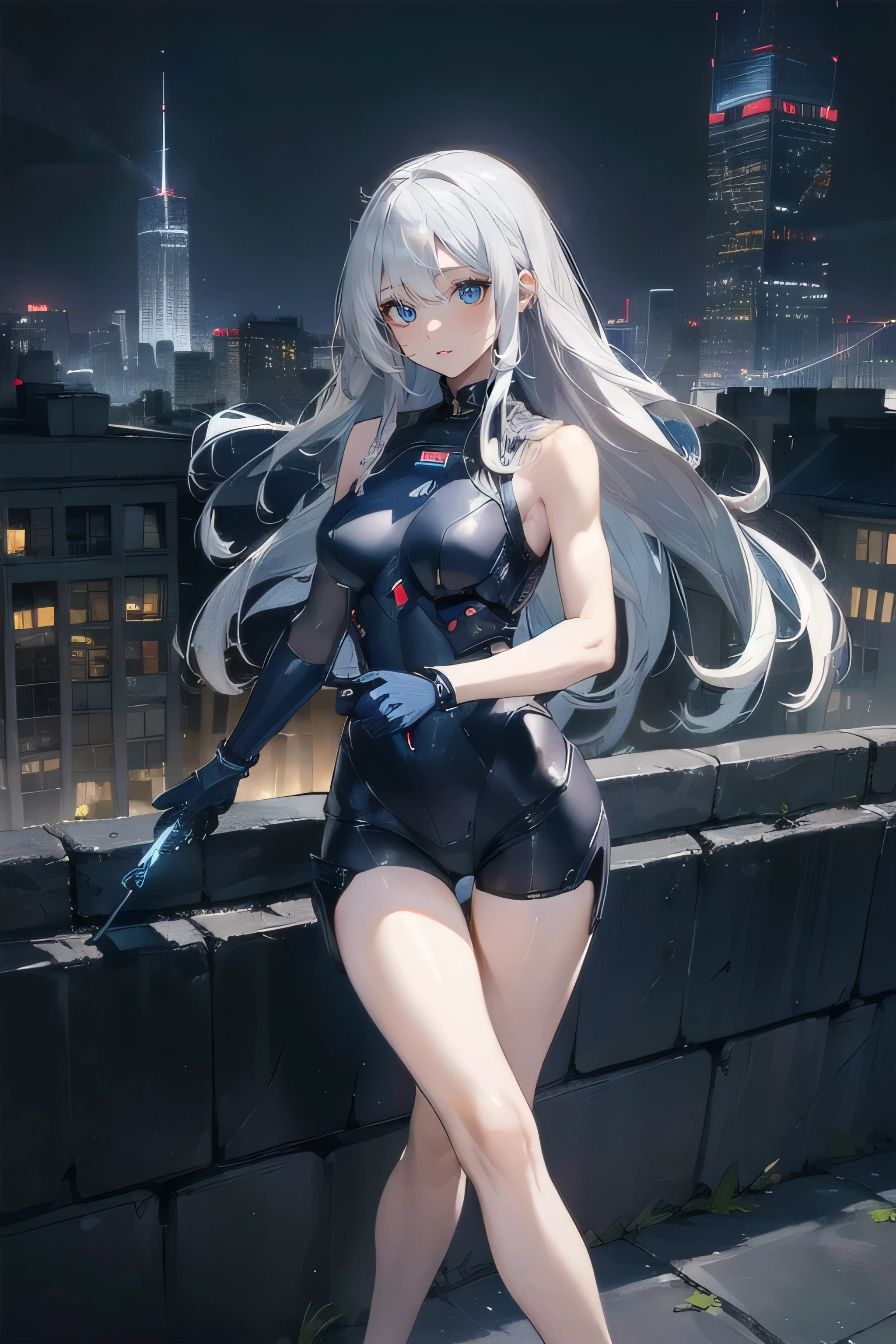 (masterpiece), (best quality), (ultra high resolution), (ultra detailed), High definition RAW color art, animation,sculpture, Silver Marble Skin, Ultra detailed elegant, finely detailed color, cenematic painting, (Top image quality), (Ultra Detailed), (Facing forward), top quality, masterpiece, (((only 1 girl))), Silver Hair, white hair, ((Long hair)), (deep blue eyes:1.6), night, urban, ((holding cybernetic weapon)), ((high leg)), ((bare legs)), ((sleeveless)), battle suit, bodysuit, mecha suit, black suit, skyline, ((city background:1.2))