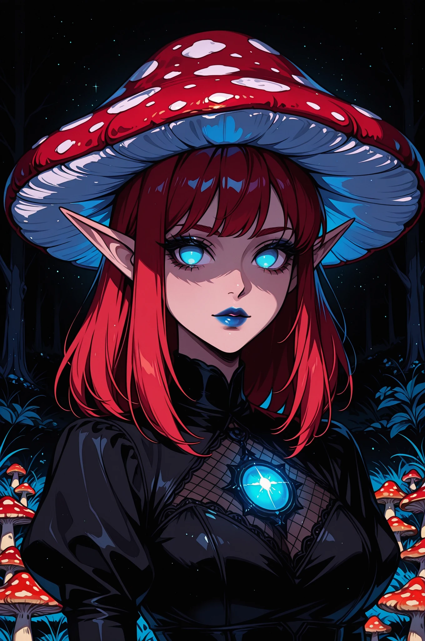 1girl, black dress, blue eyes, no pupils, stands in a mushroom field, portrait, looking at viewer, blue lipstick, glowing, red hair, mushroom hat, elf ears, dark theme