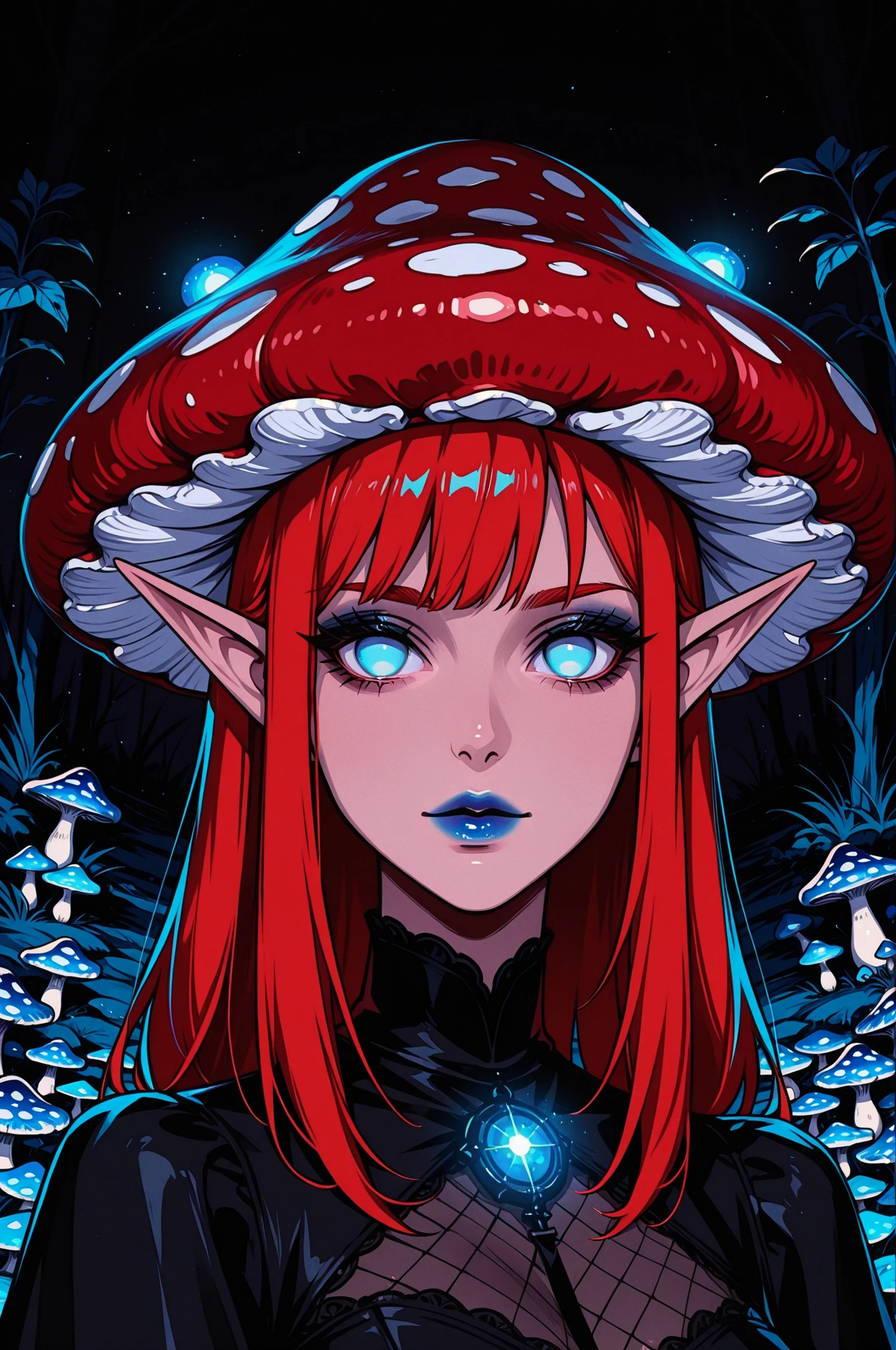 1girl, black dress, blue eyes, no pupils, stands in a mushroom field, portrait, looking at viewer, blue lipstick, glowing, red hair, mushroom hat, elf ears, dark theme