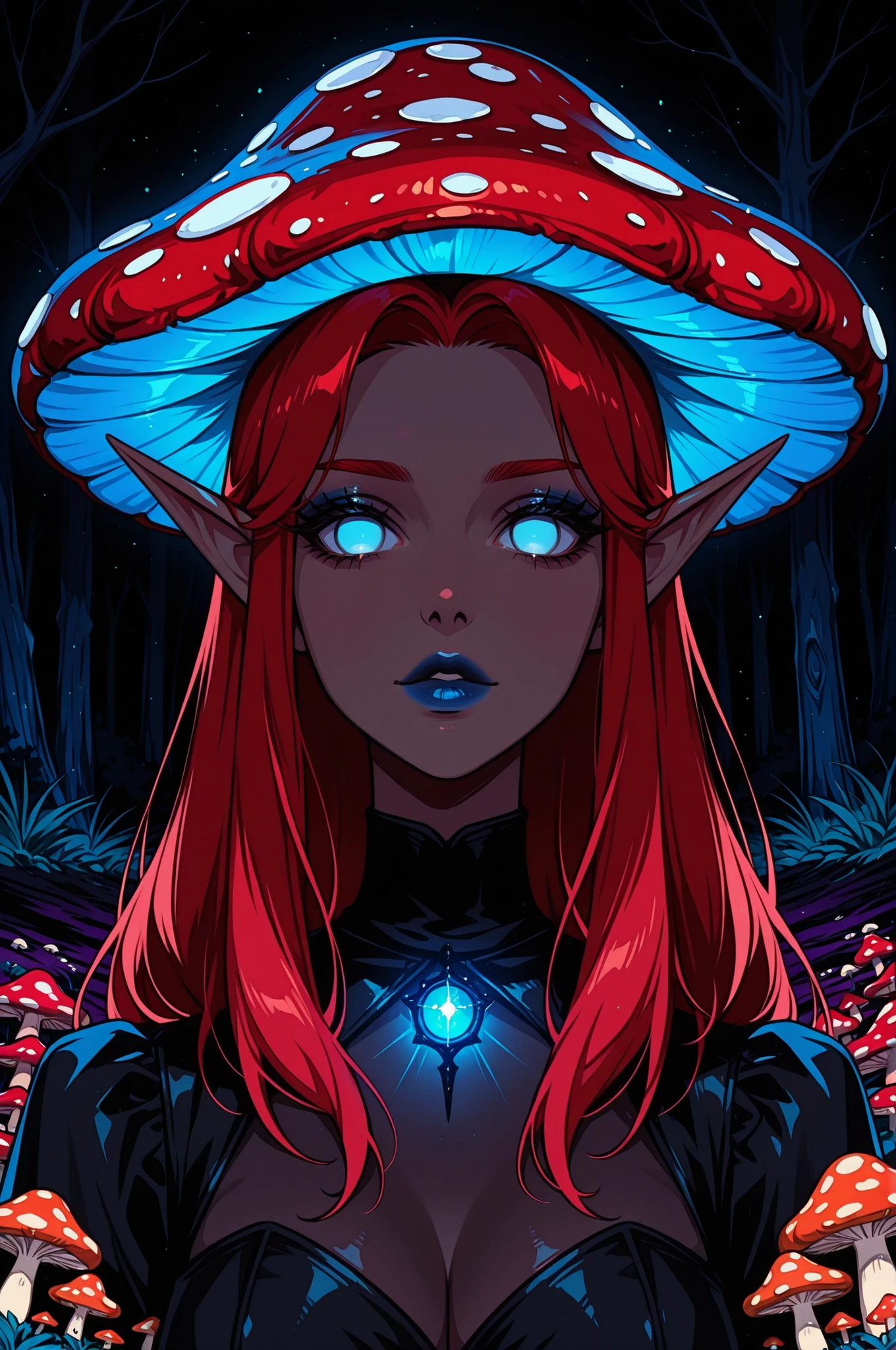 1girl, black dress, blue eyes, no pupils, stands in a mushroom field, portrait, looking at viewer, blue lipstick, glowing, red hair, mushroom hat, elf ears, dark theme