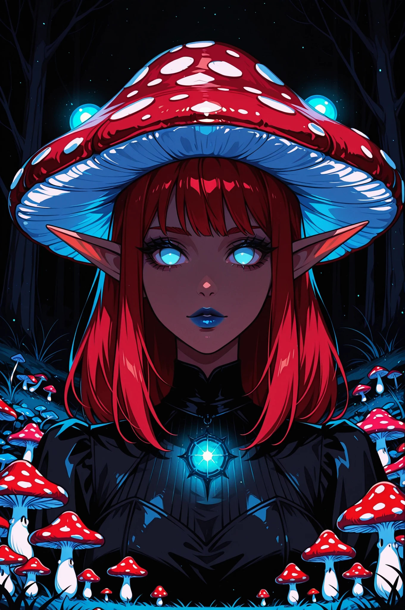 1girl, black dress, blue eyes, no pupils, stands in a mushroom field, portrait, looking at viewer, blue lipstick, glowing, red hair, mushroom hat, elf ears, dark theme